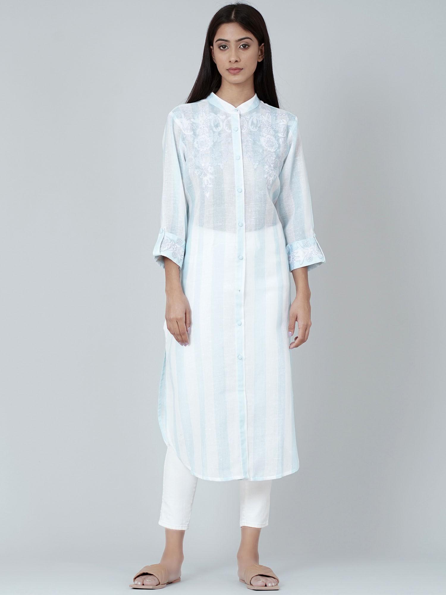 white and blue embroidered shirt style kurta