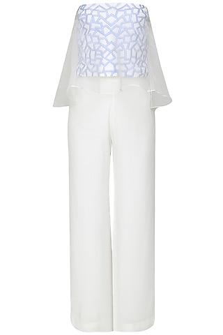 white and blue embroidered tube top with attached sheer cape and palazzo pants