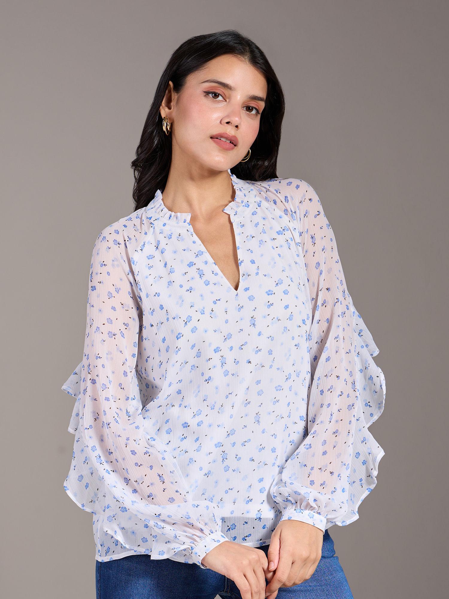 white and blue floral print ruffled v neck full sleeves top