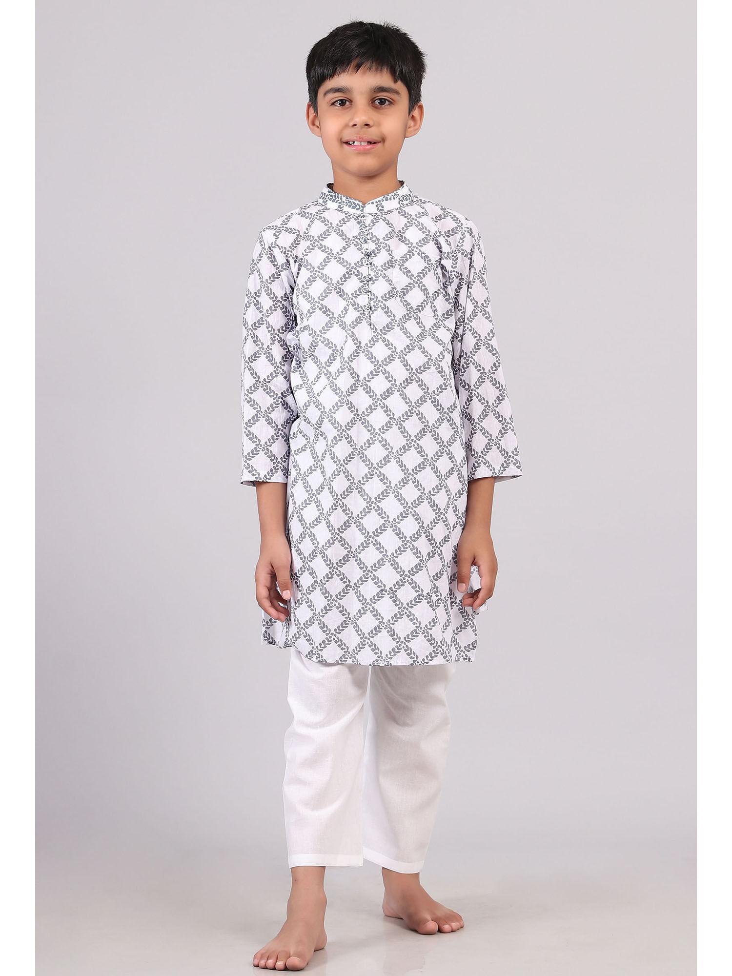 white and blue hand block print kurta pyjama (set of 2)