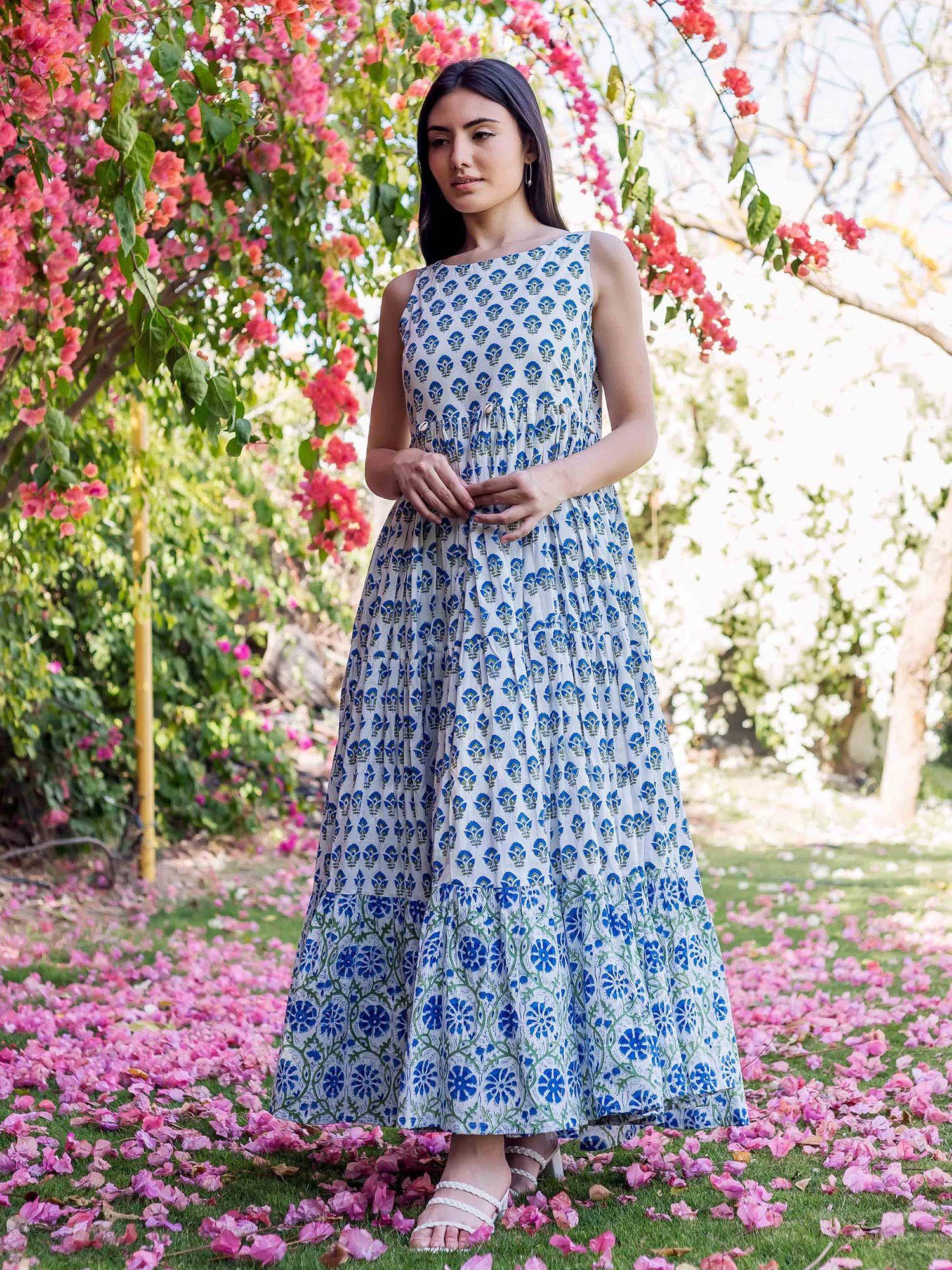 white and blue maya tiered dress