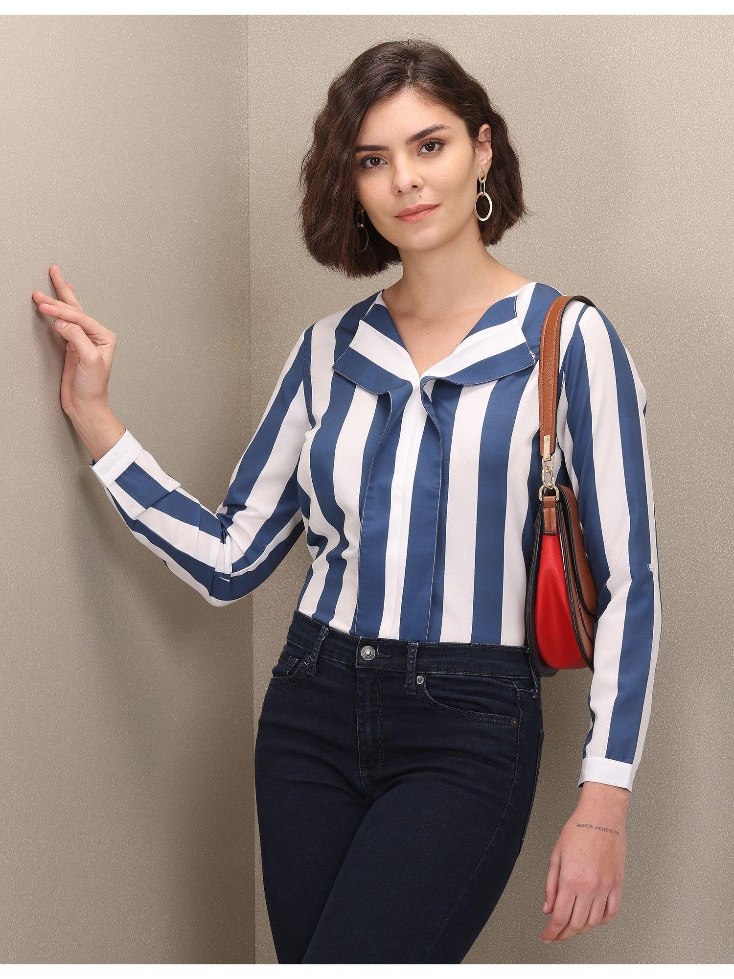 white and blue notched neck vertical striped evening top