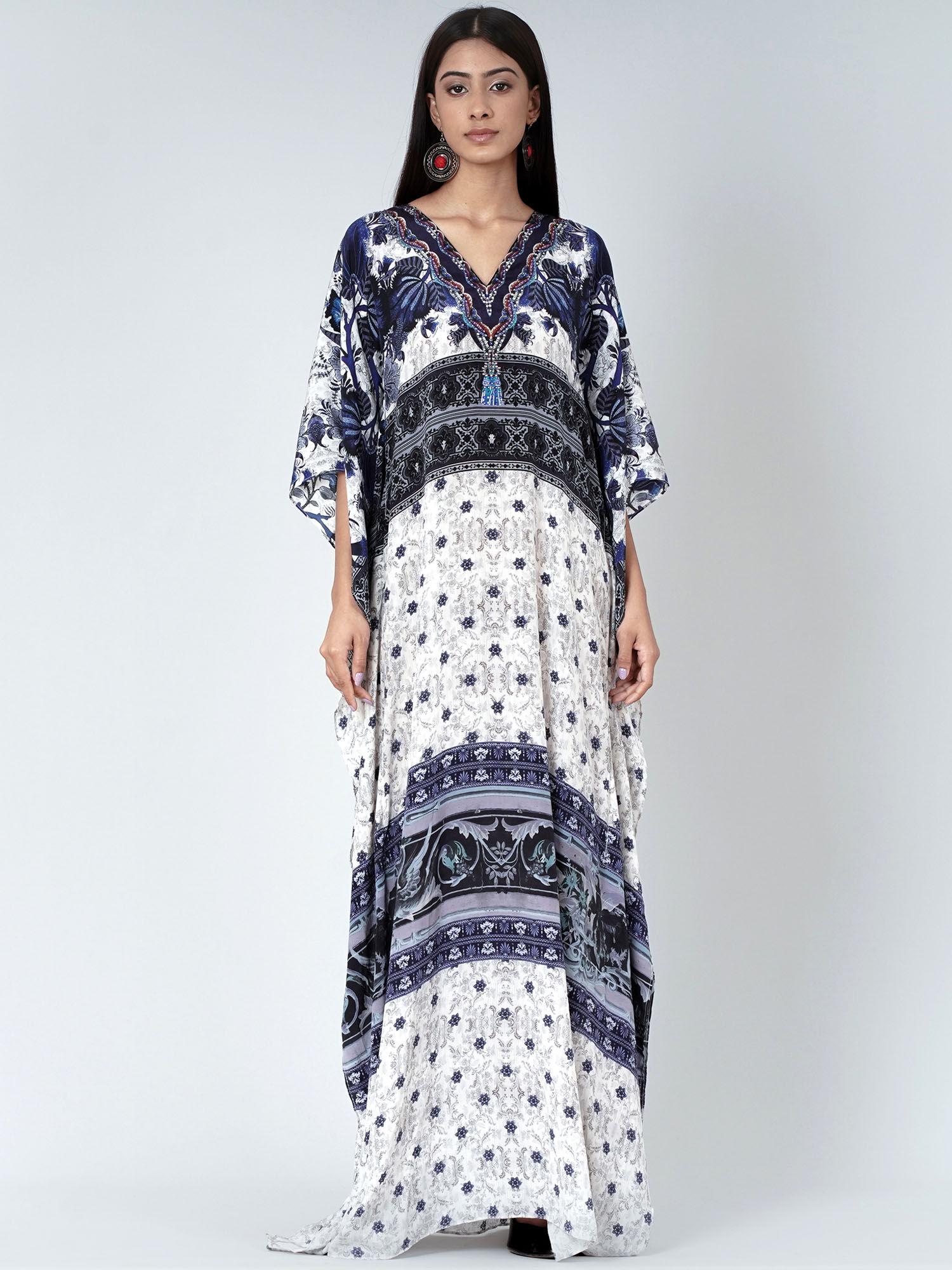 white and blue porcelain print embellished silk full length kaftan