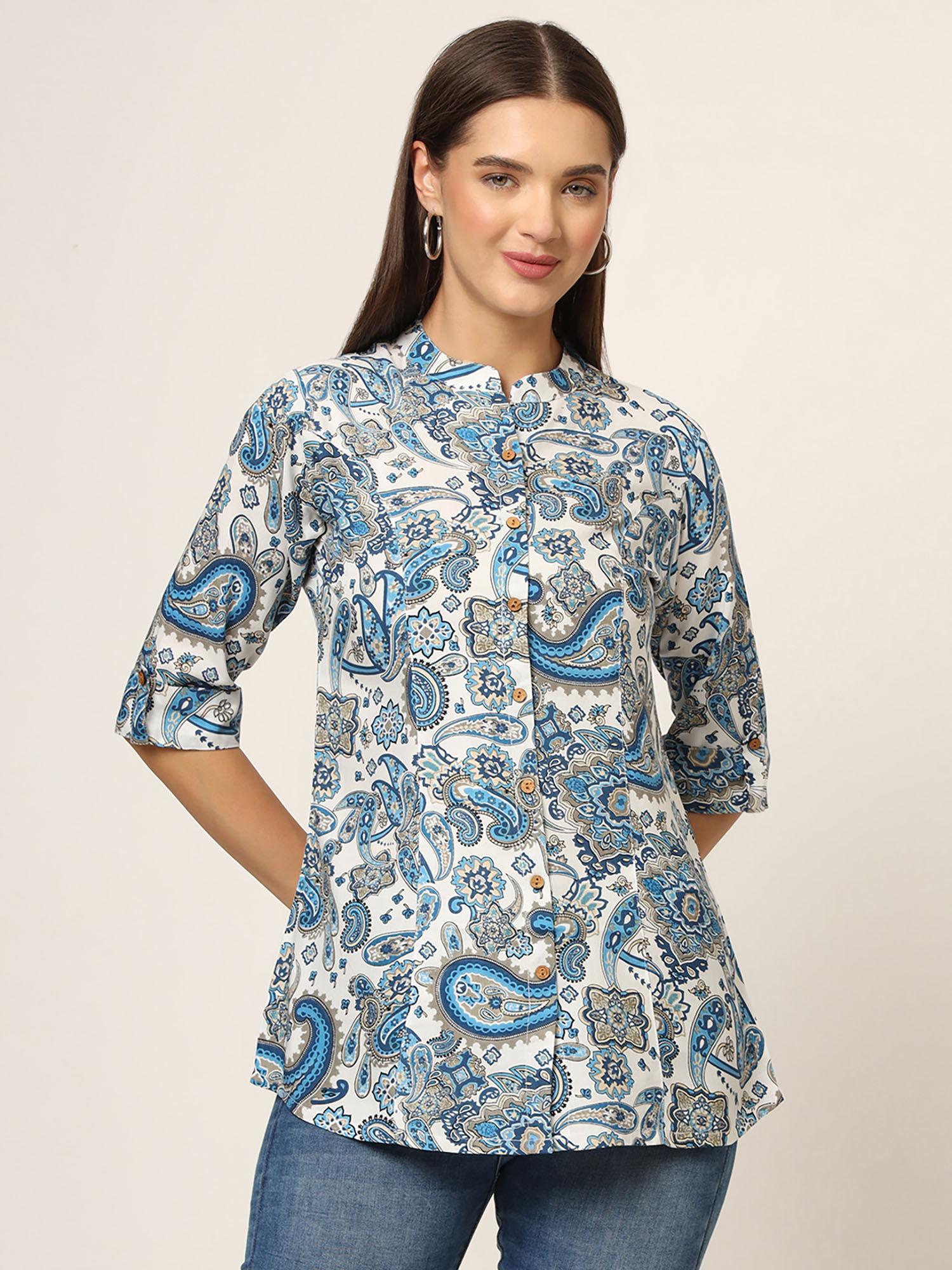 white and blue printed cotton fabric straight tunic