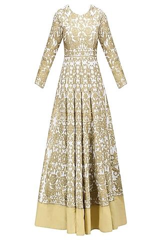 white and gold zari work anarkali with beige dupatta