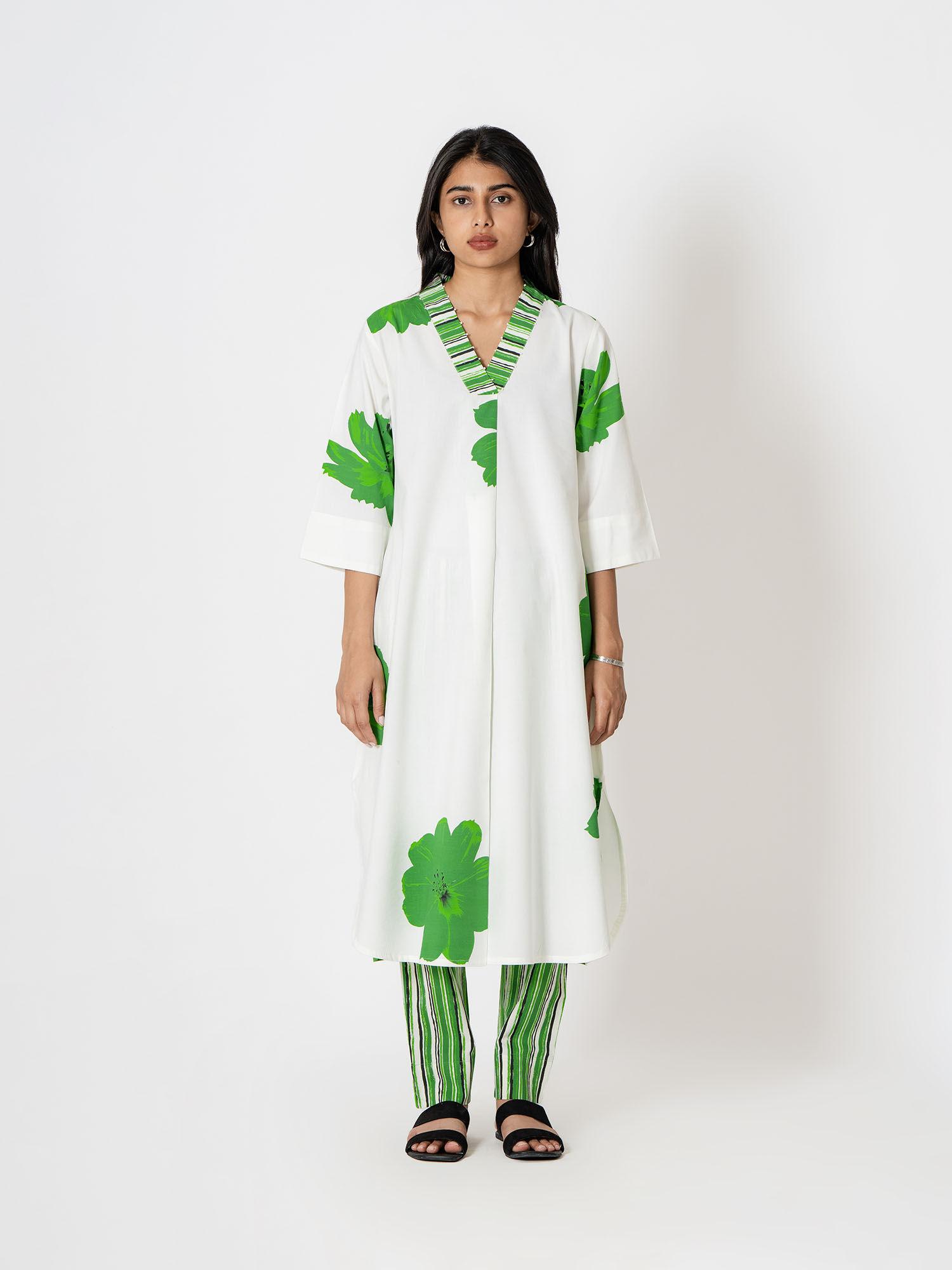 white and green digital floral print kurta with pant (set of 2)