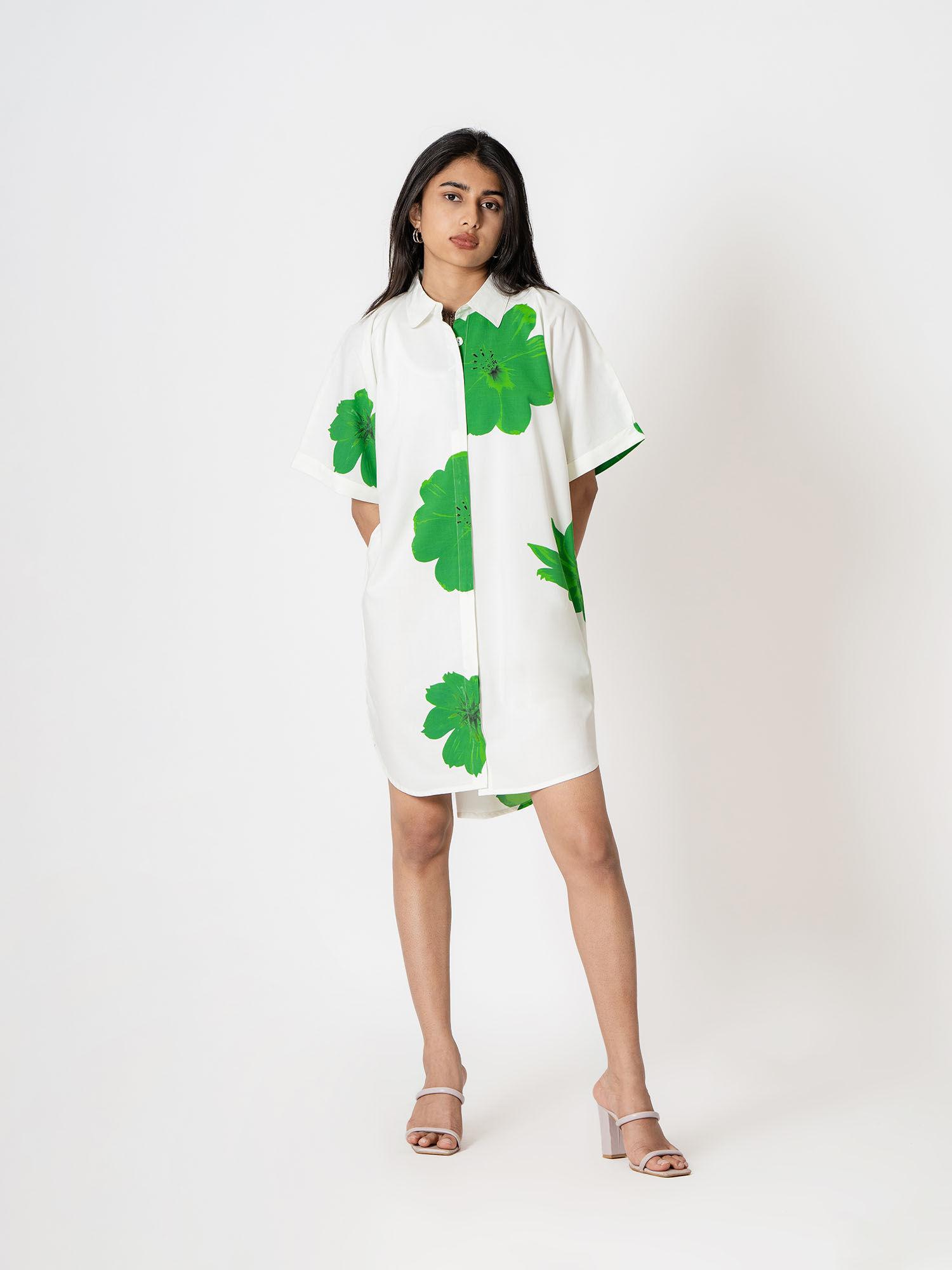 white and green digital floral print shirt dress