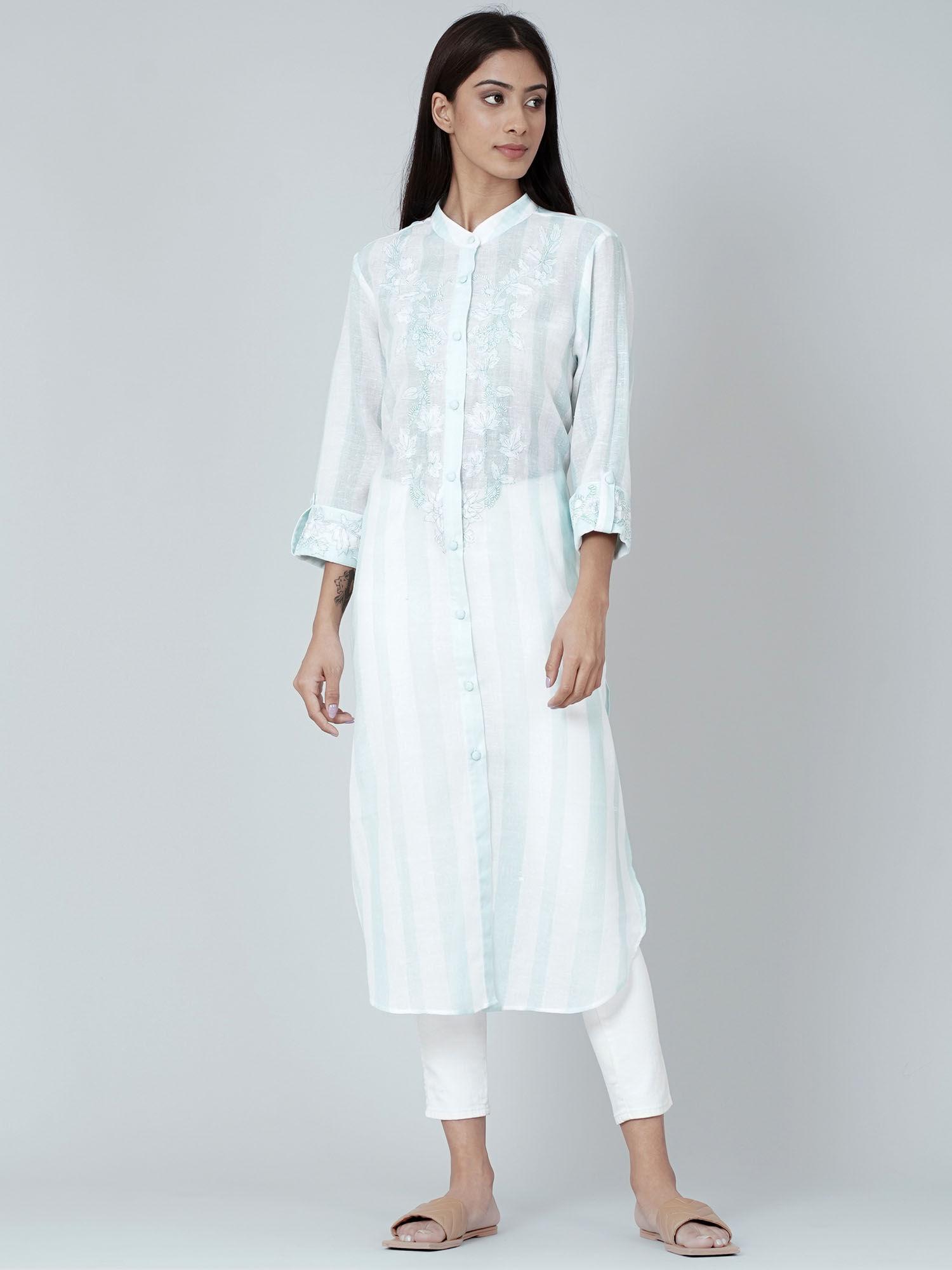 white and green embroidered shirt style kurta