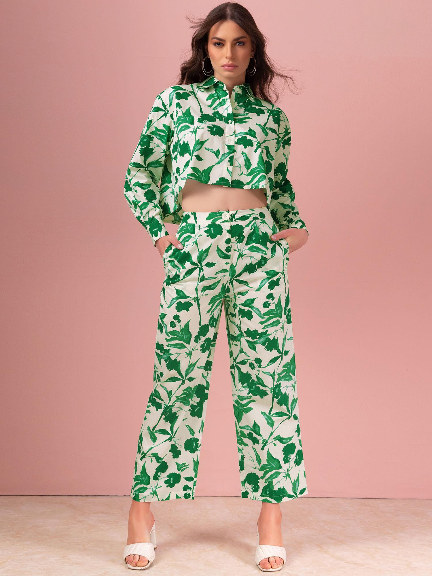 white and green floral print cotton top and pants co ord (set of 2)