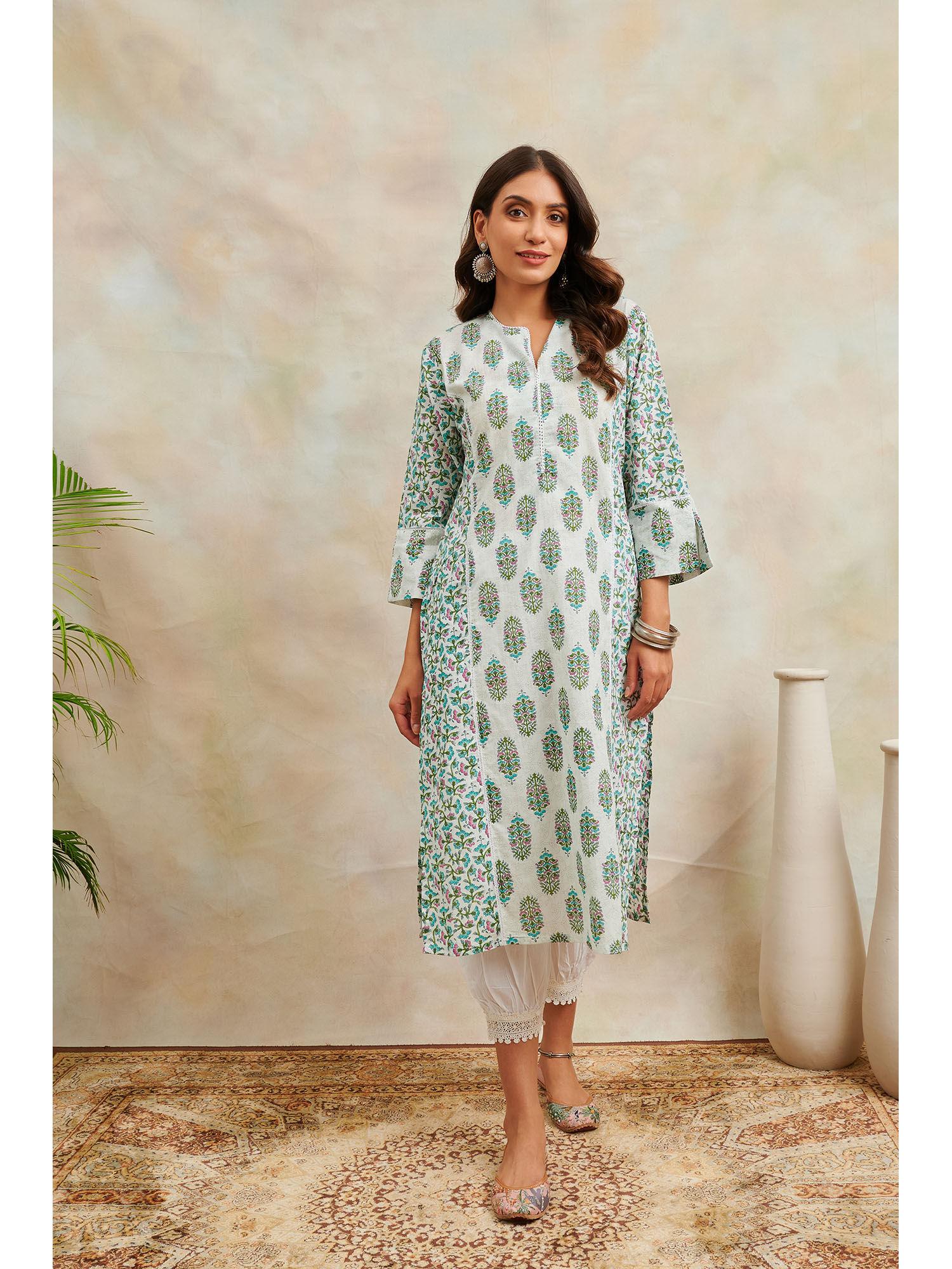 white and green floral printed sanganeri straight kurta