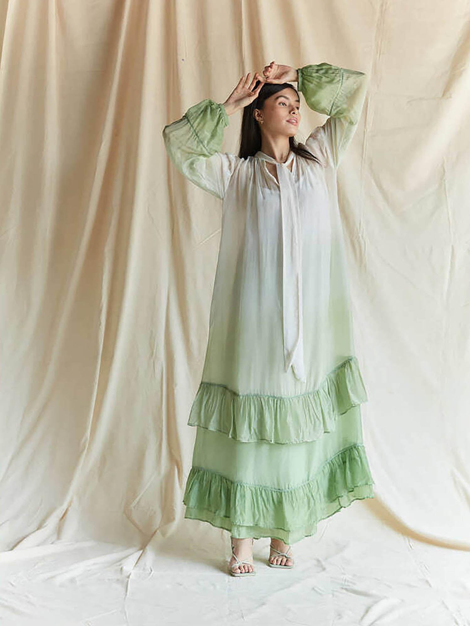 white and green ombre frill maxi with pussy bow