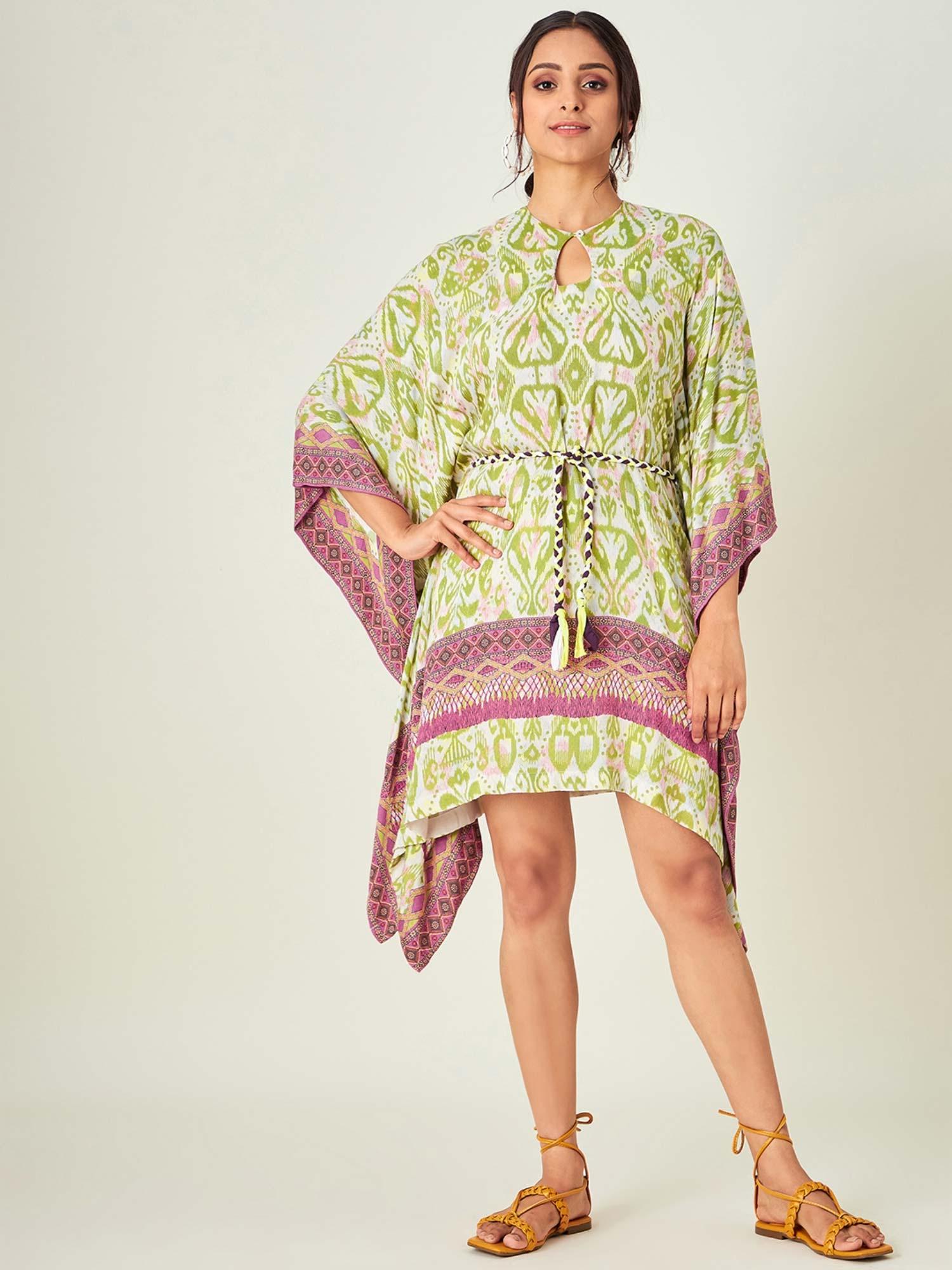 white and green patterned ikkat print resort kaftan