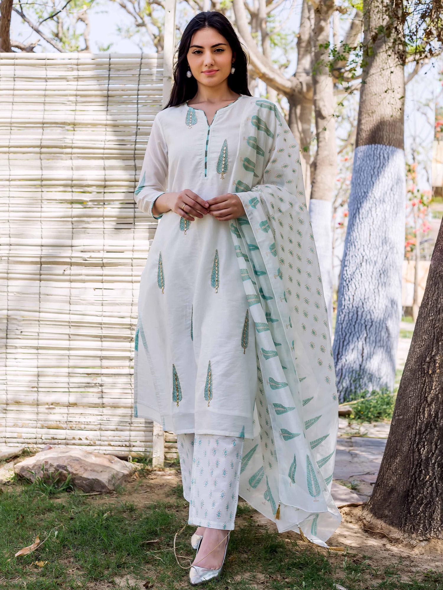white and green printed and embroidered straight suit (set of 3)