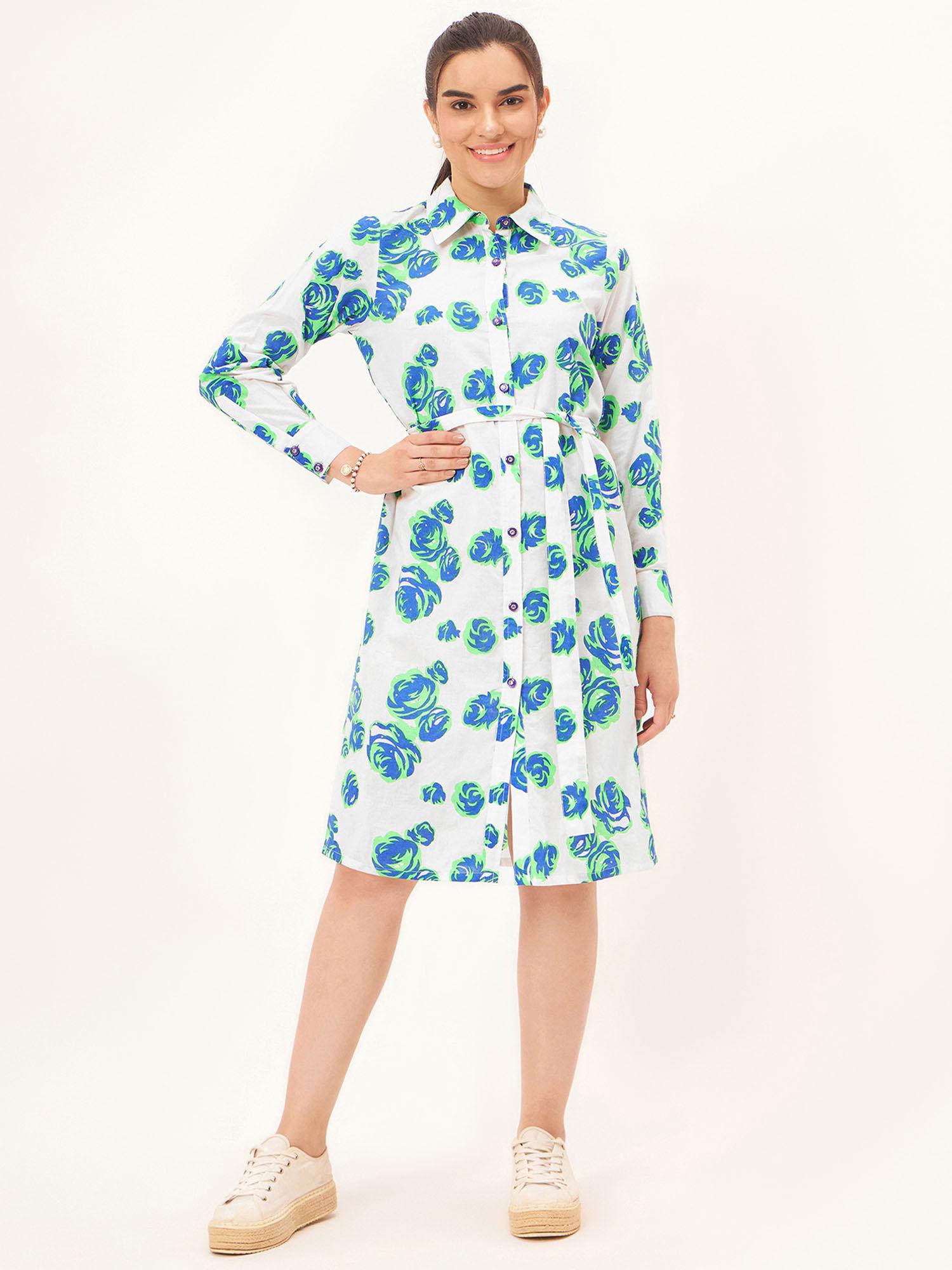 white and green rose print shirt dress with belt (set of 2)