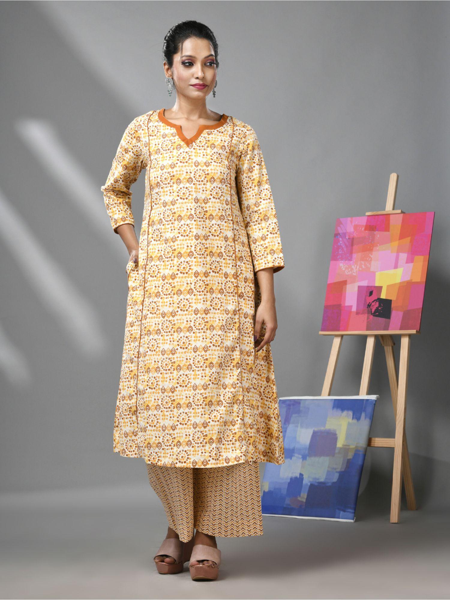 white and mustard yellow ethnic prints cotton kurta