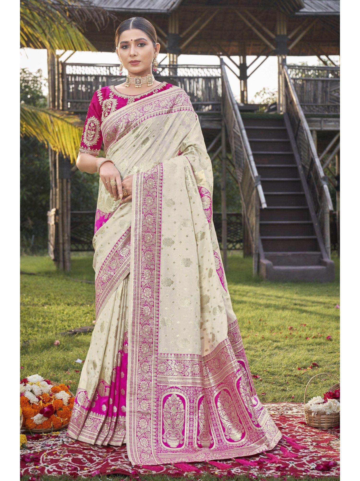 white and pink banarasi silk woven design saree with unstitched blouse