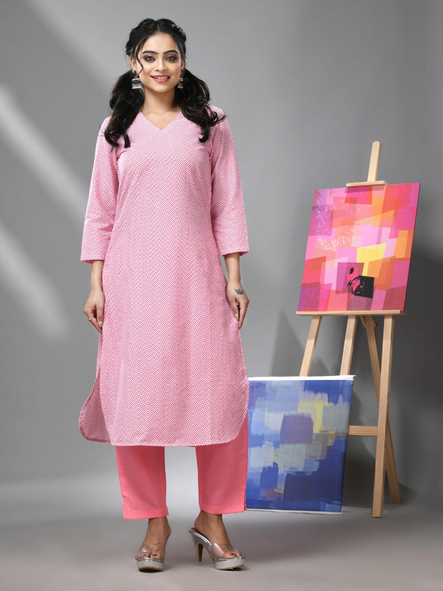 white and pink chevron printed kurta