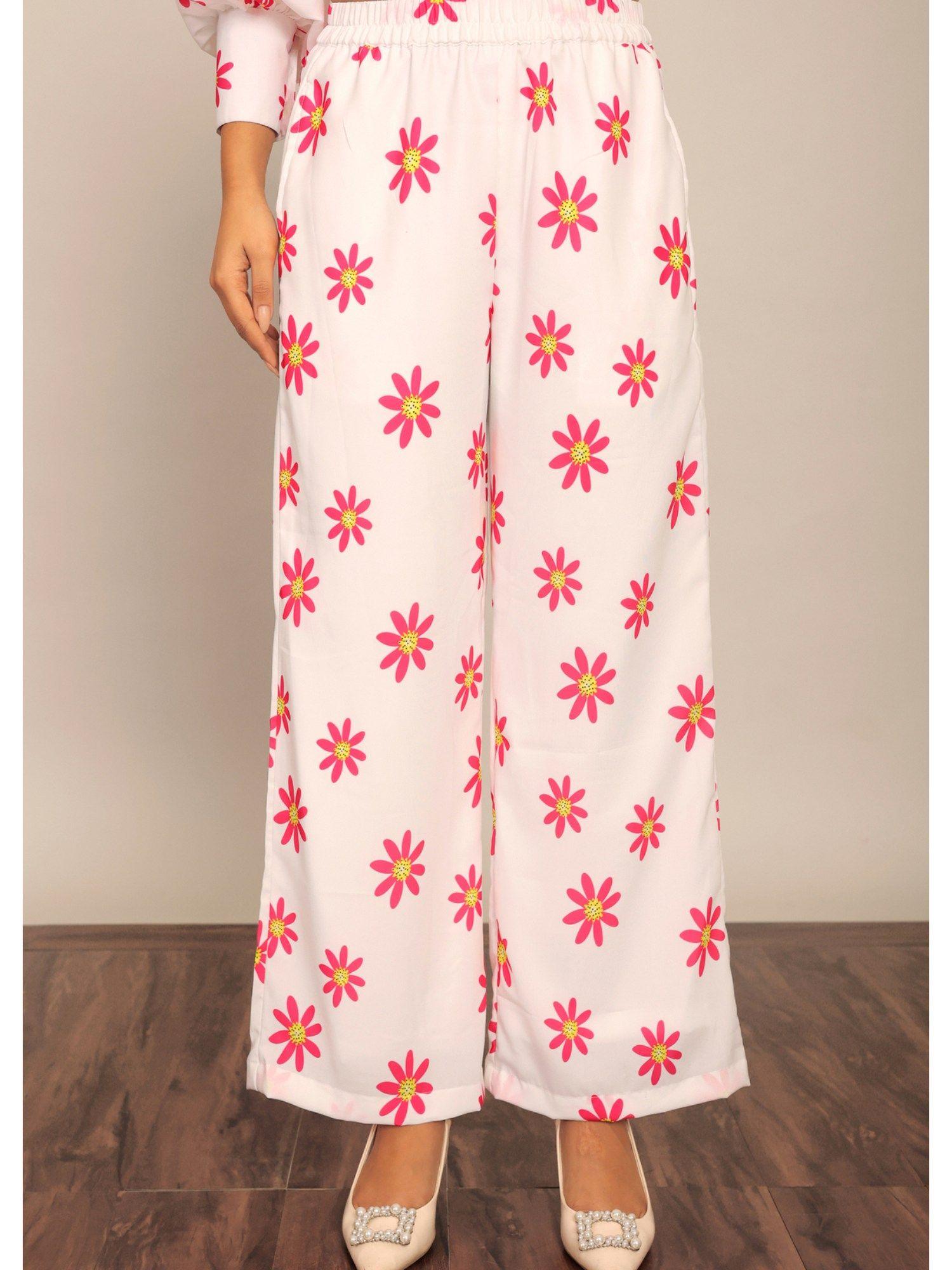 white and pink floral print relaxed palazzo