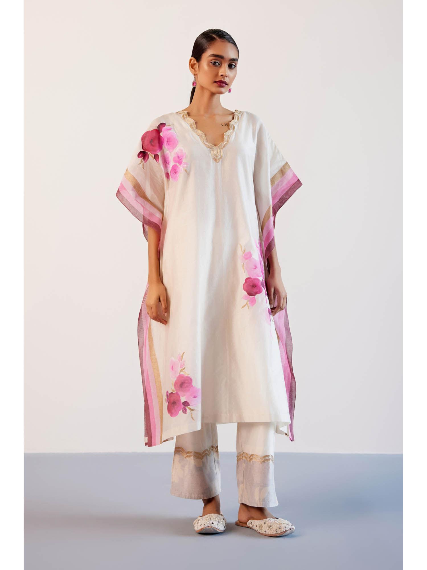white and pink silk hand painted embroidered kaftan with pant and slip (set of 3)