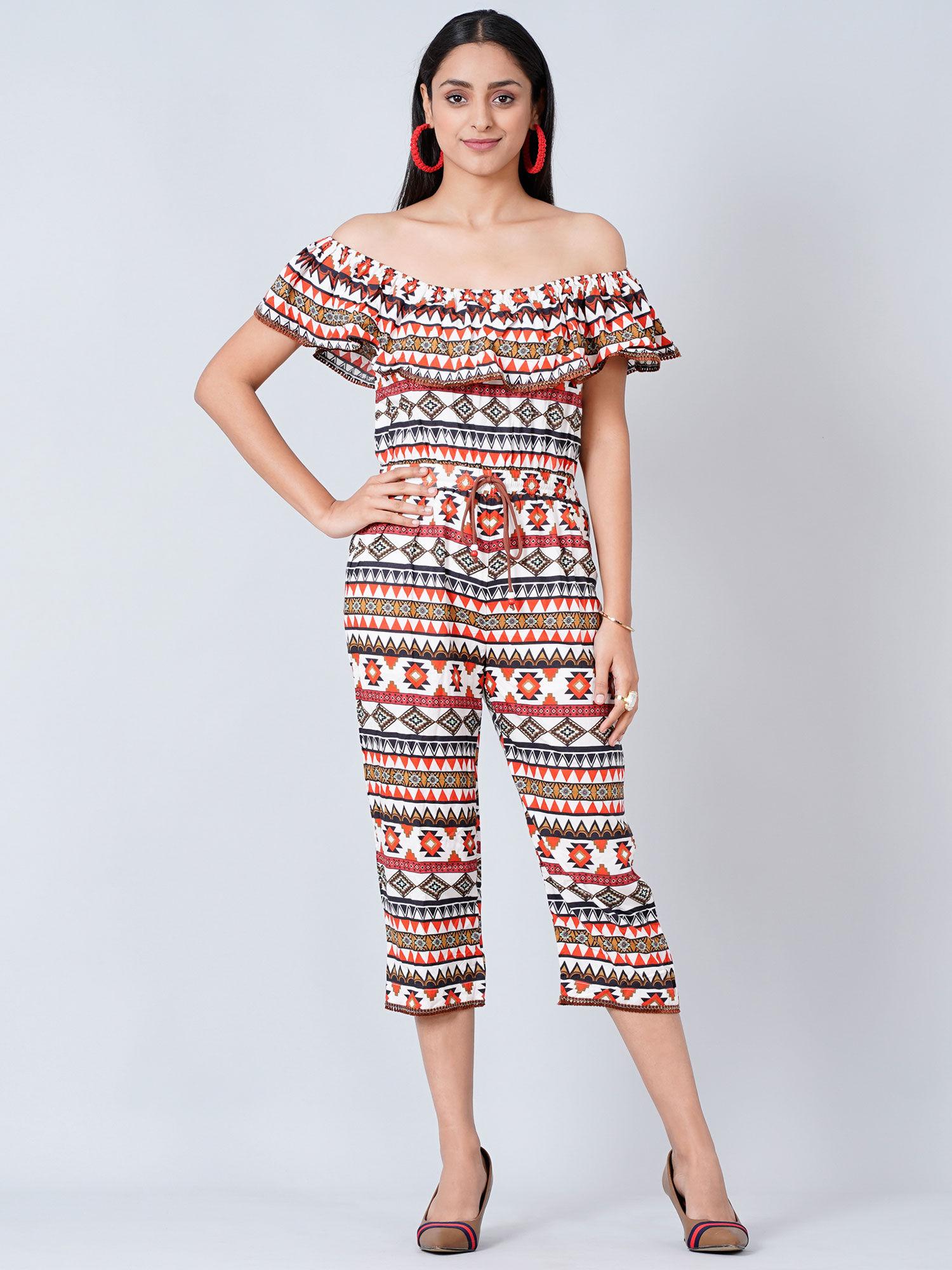 white and red aztec jumpsuit