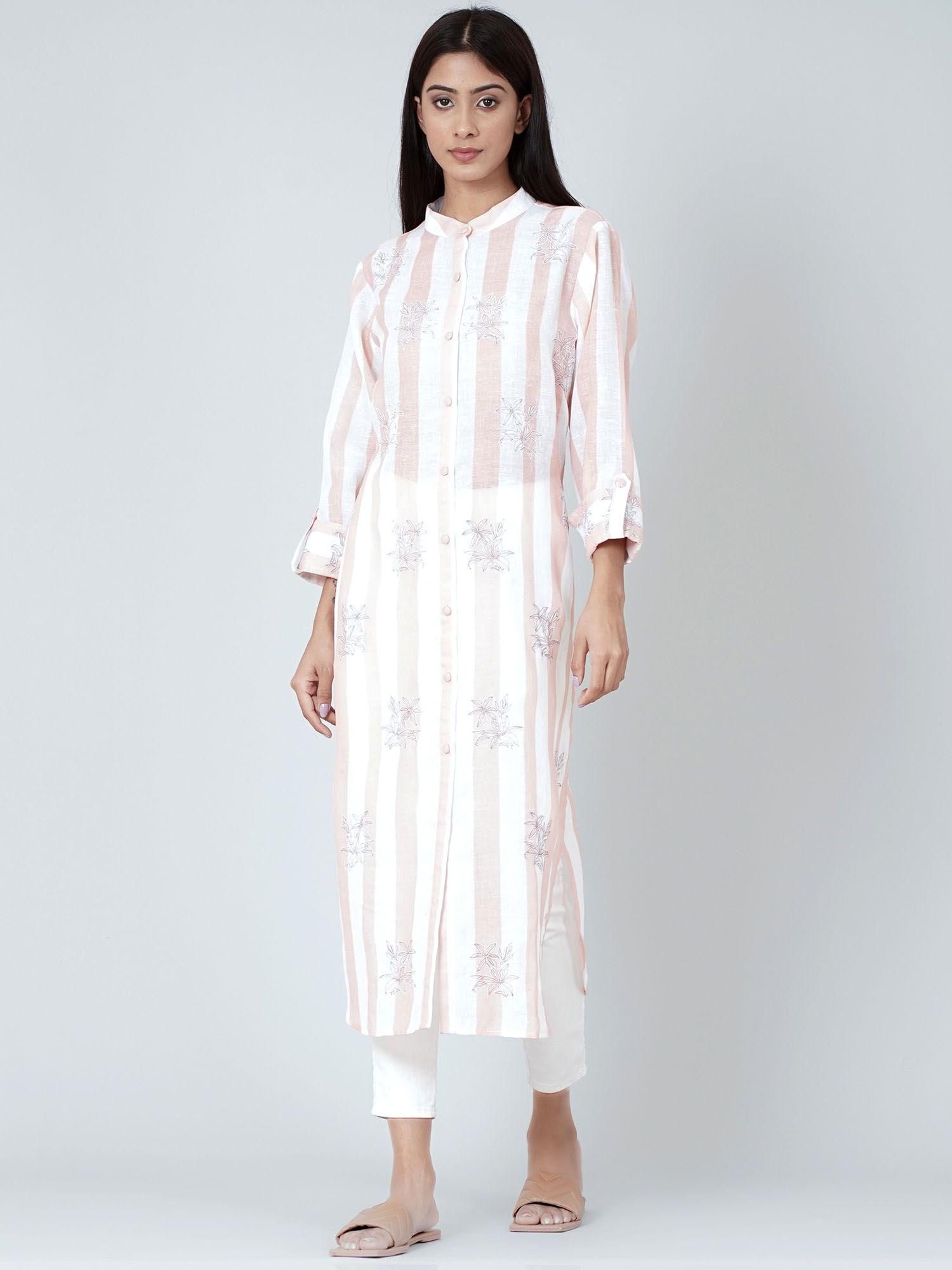 white and rust embroidered shirt style kurta