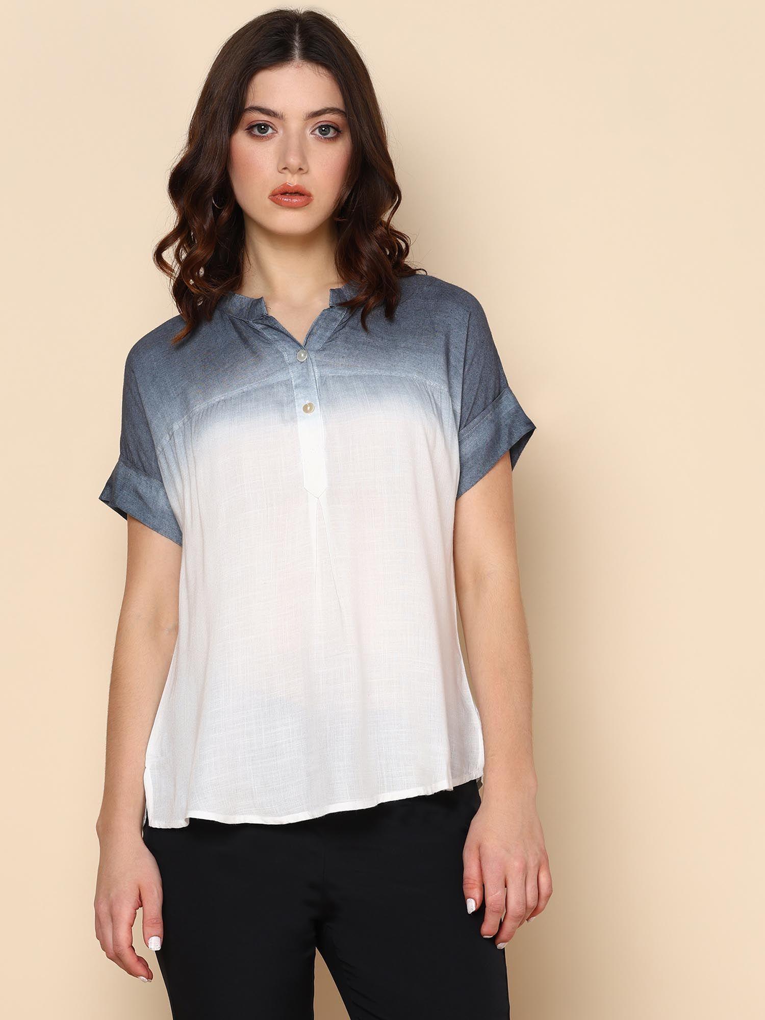 white and smokey grey ombre dyed rayon slub top