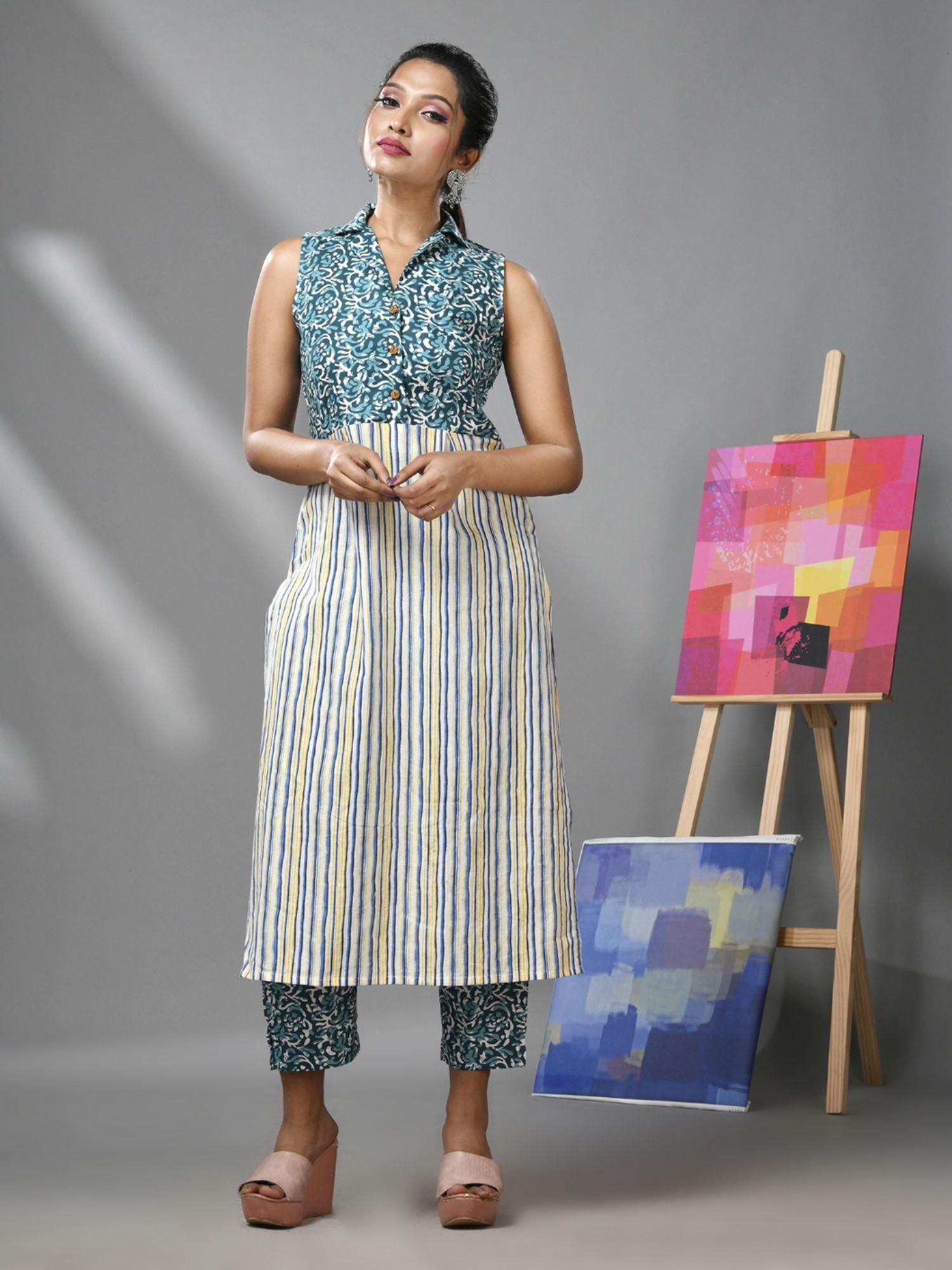 white and teal floral print and stripes cotton kurta