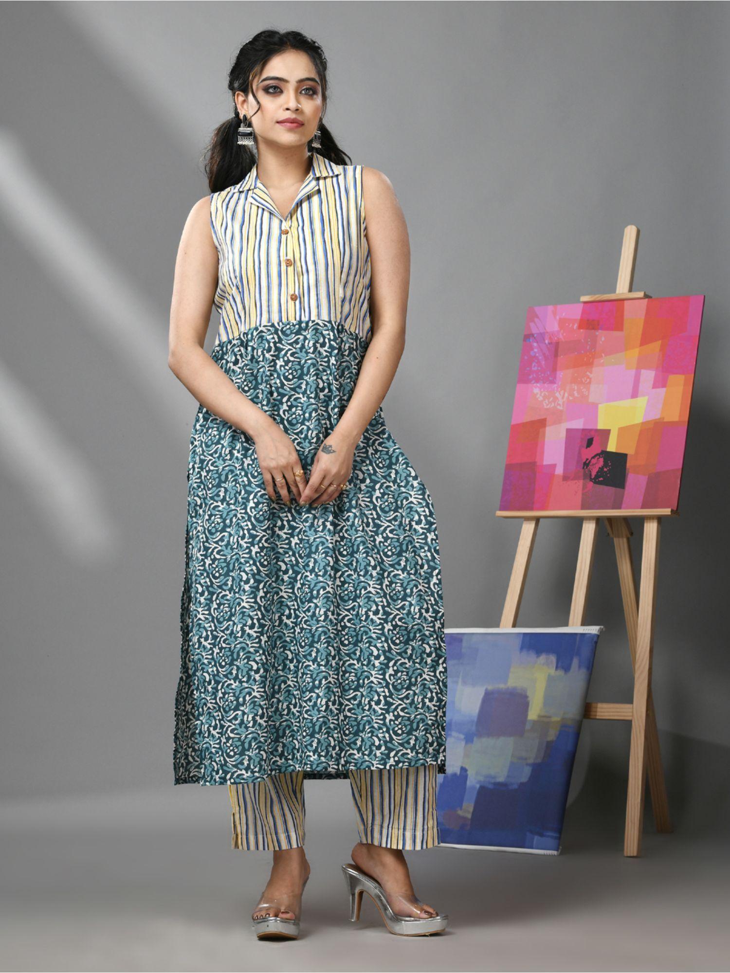 white and teal floral print and stripes cotton kurta