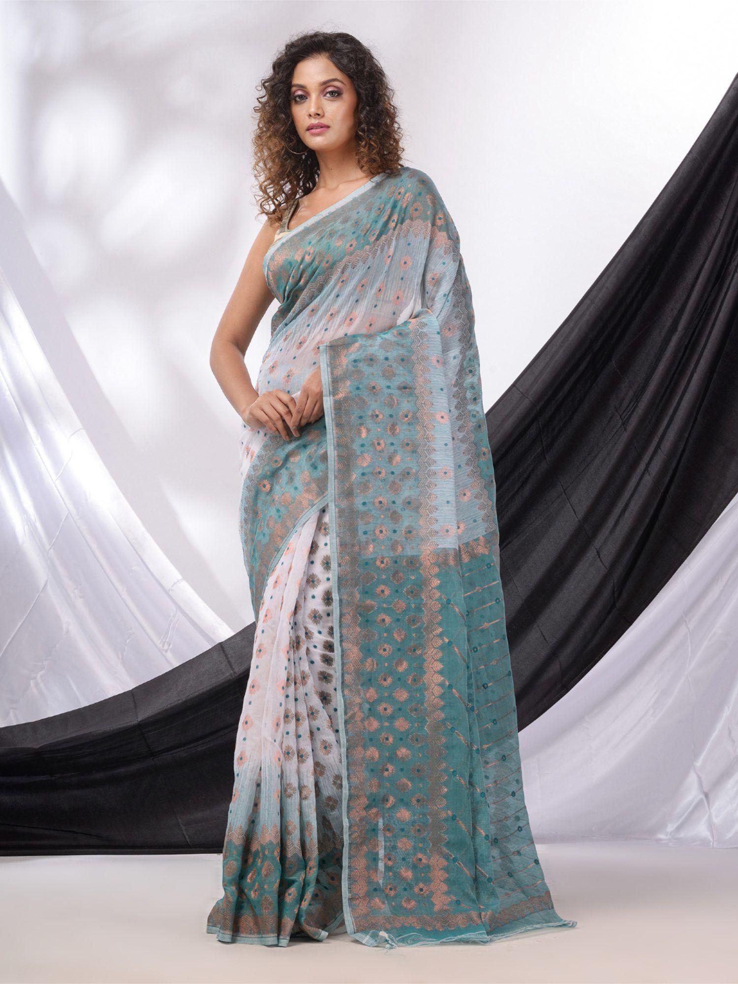 white and teal handwoven soft jamdhani saree without blouse