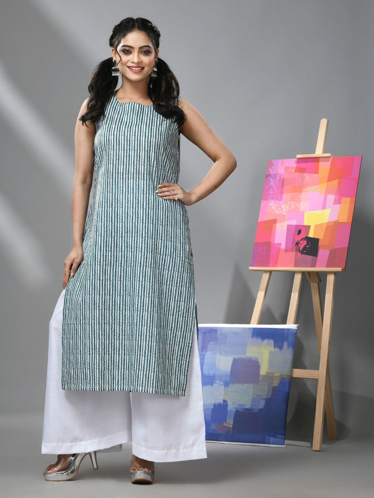 white and teal striped sleeveless kurta