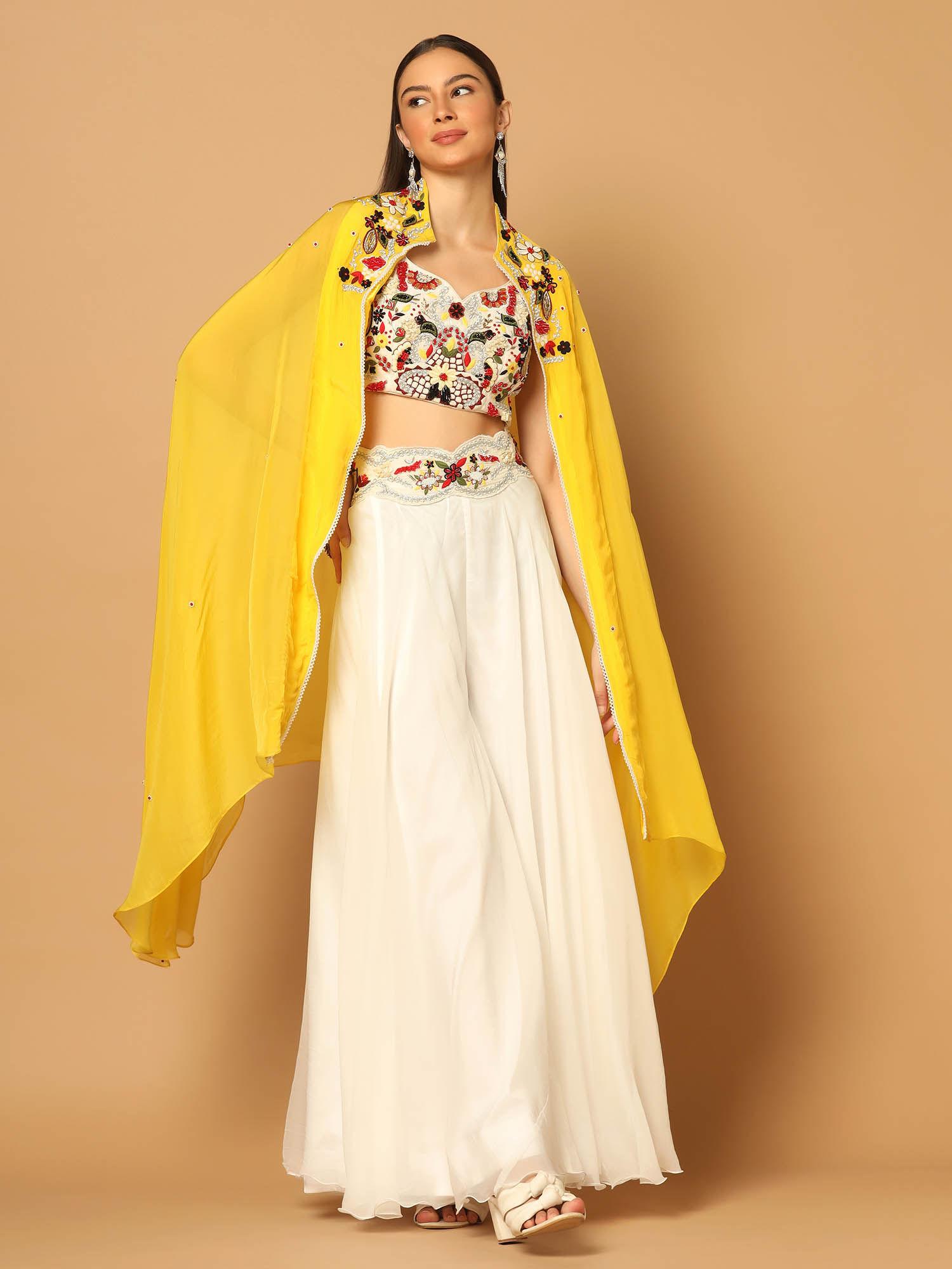 white and yellow cape with sharara and crop top (set of 3)