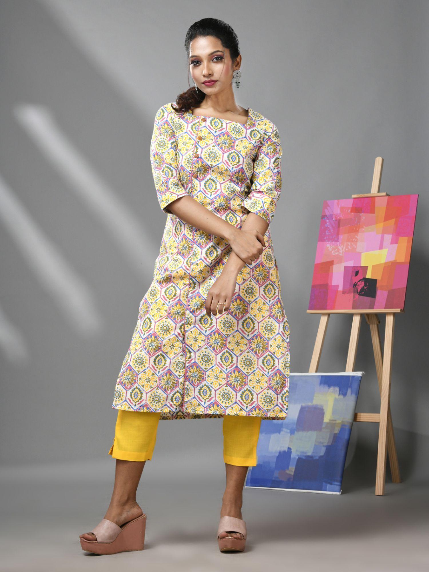 white and yellow cotton floral printed kurta