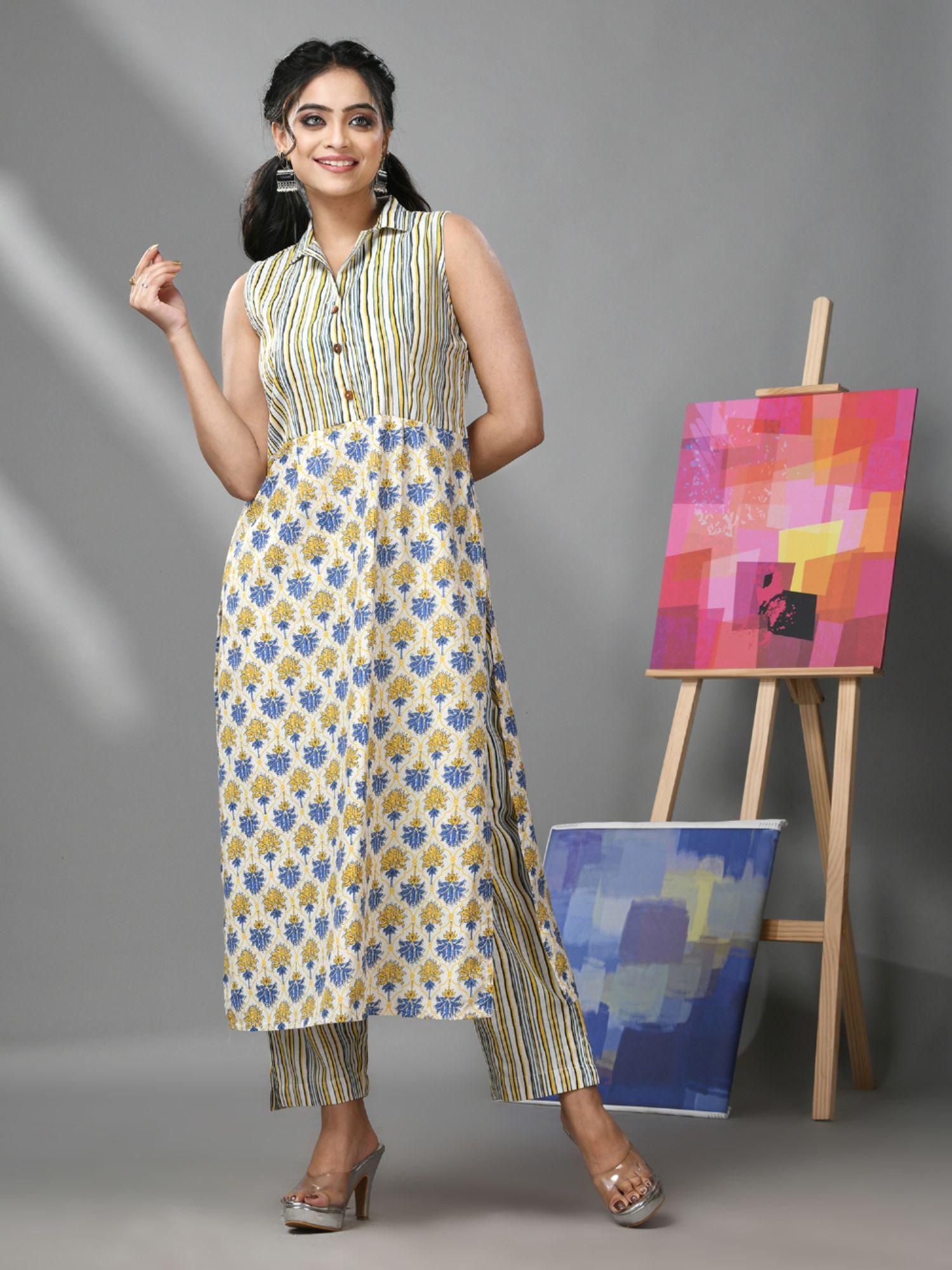 white and yellow floral print and stripes cotton kurta