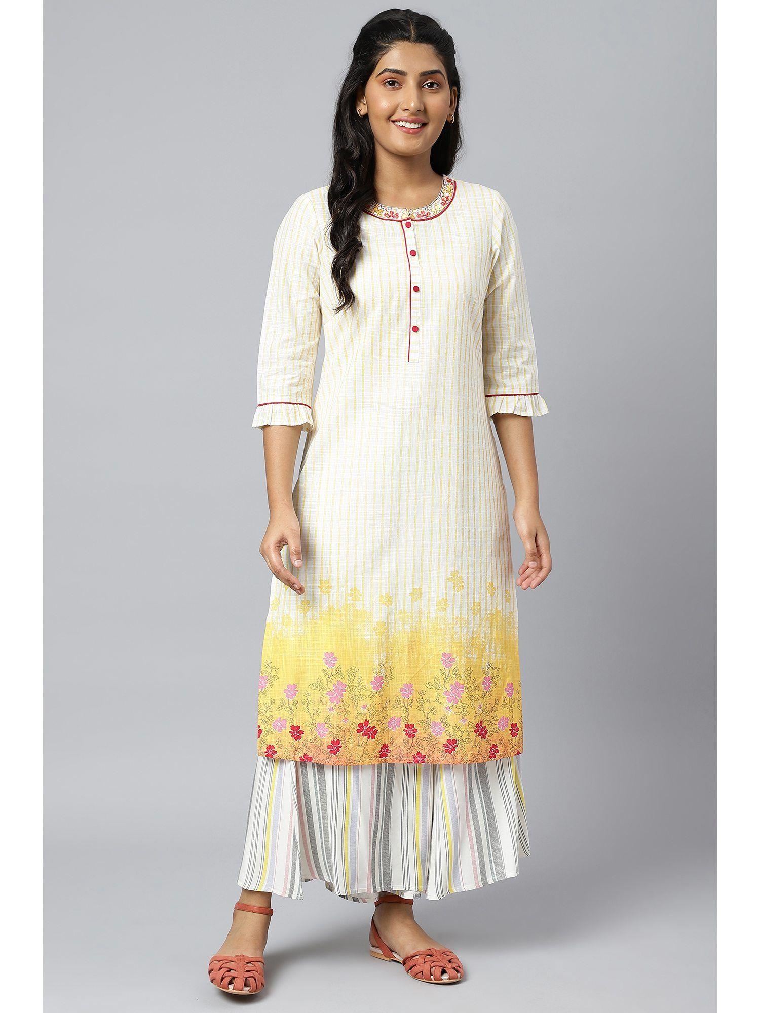 white and yellow printed embroidered collar kurta