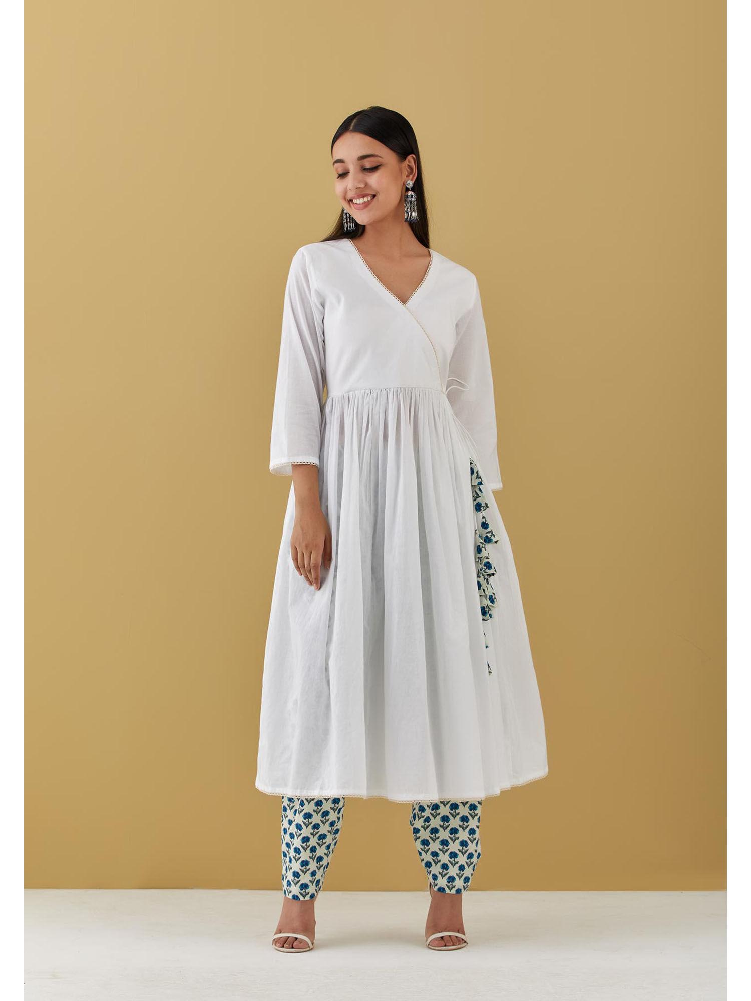 white angarkha with blue block printed pants (set of 2)