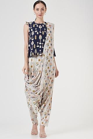 white art crepe & crepe georgette printed draped dhoti saree set