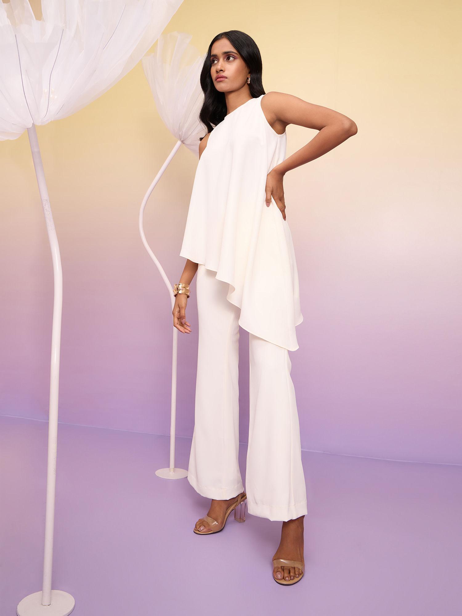 white asymmetric hem top fit and flare pants co-ord (set of 2)