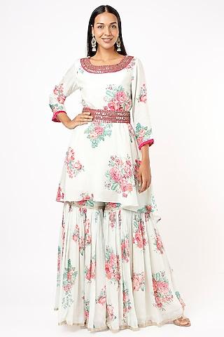 white asymmetrical metal embellished kurta set