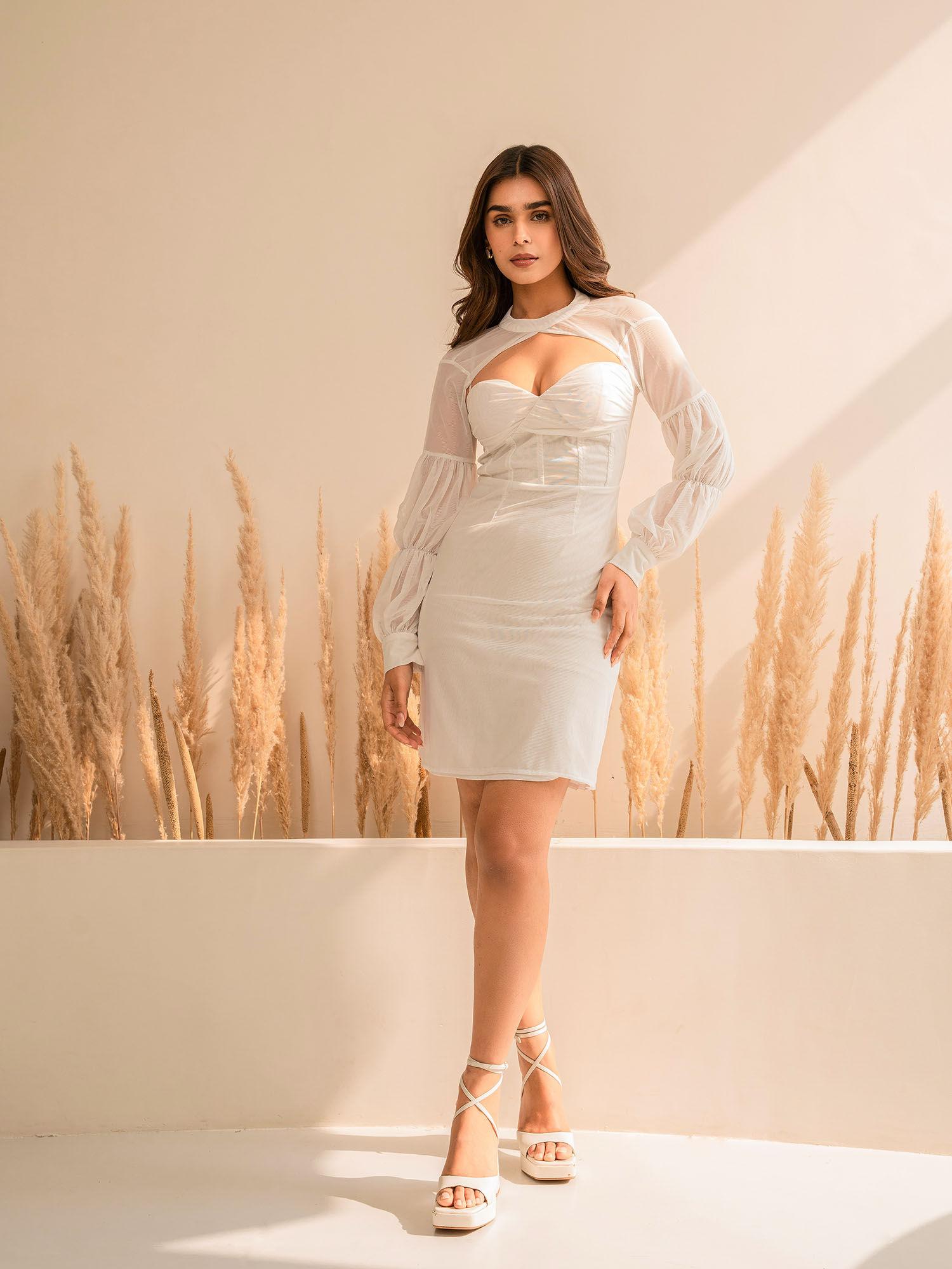 white asymmetry corset dress with detachable sleeve (set of 2)