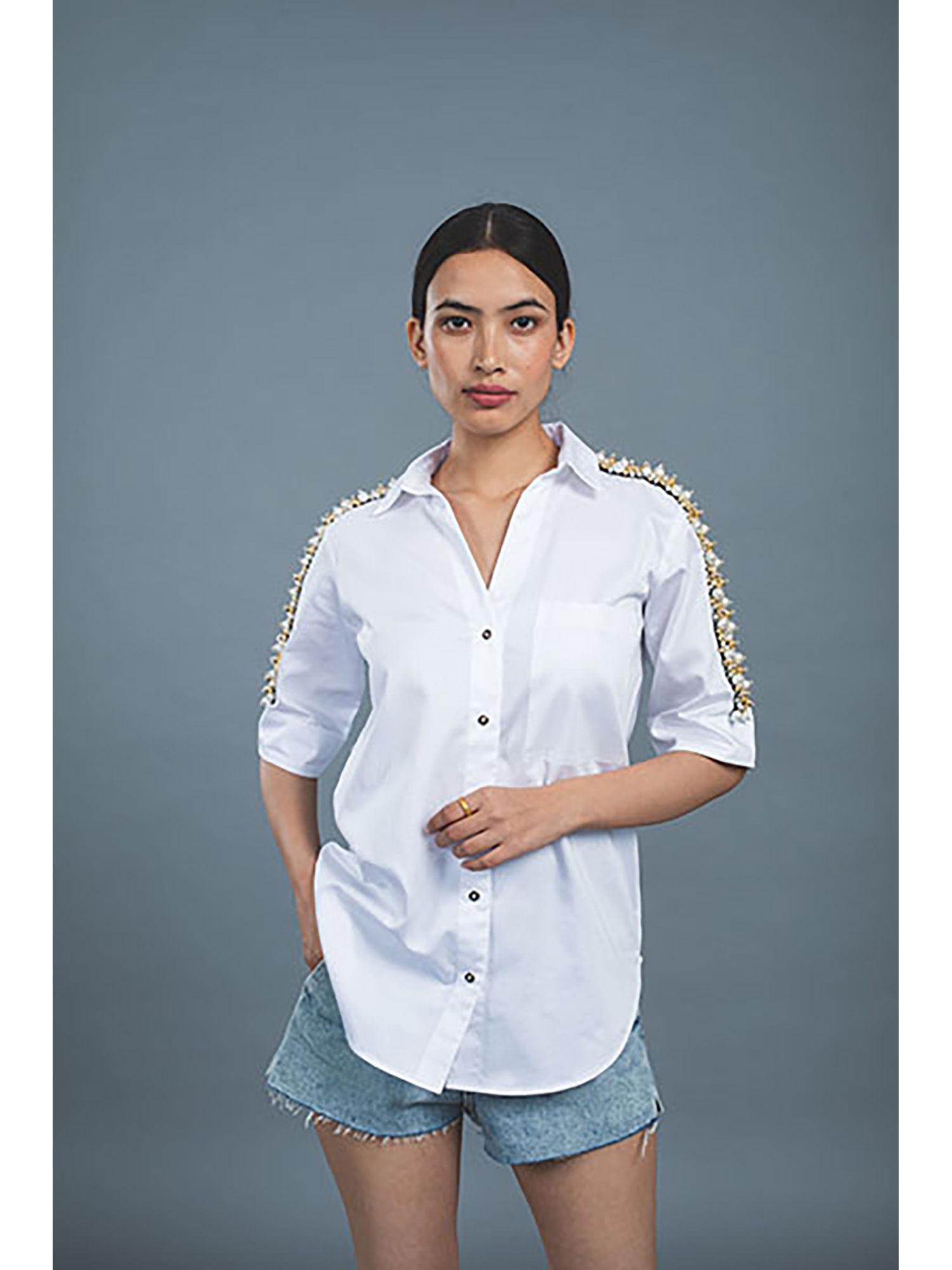 white audrey pearl ribbon shirt