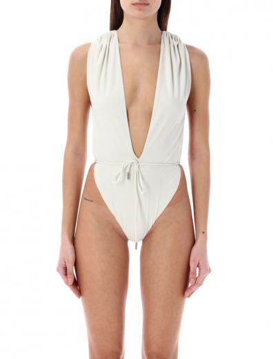 white backless v-halter swimsuit