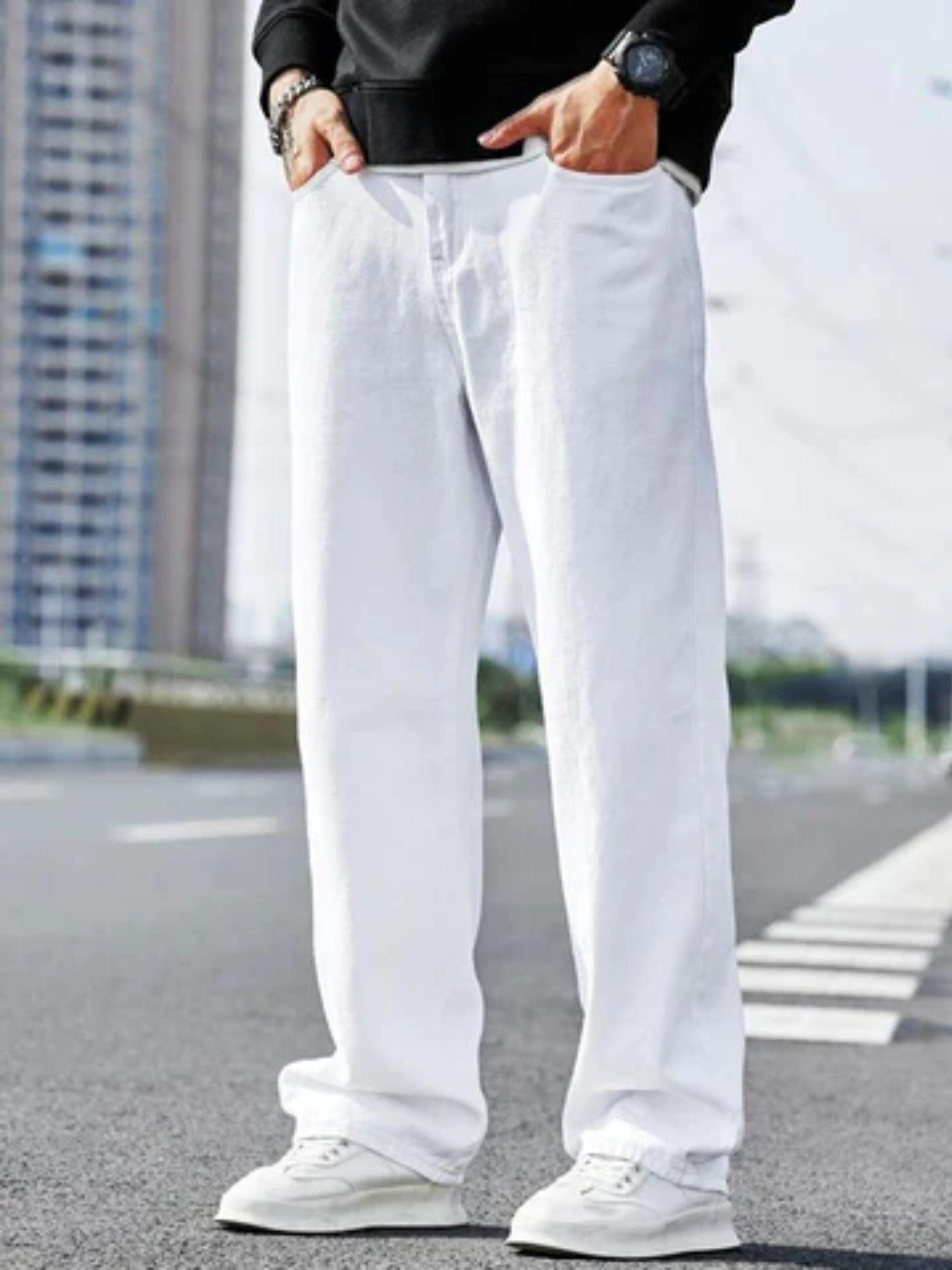 white baggy fit regular mens jeans - white