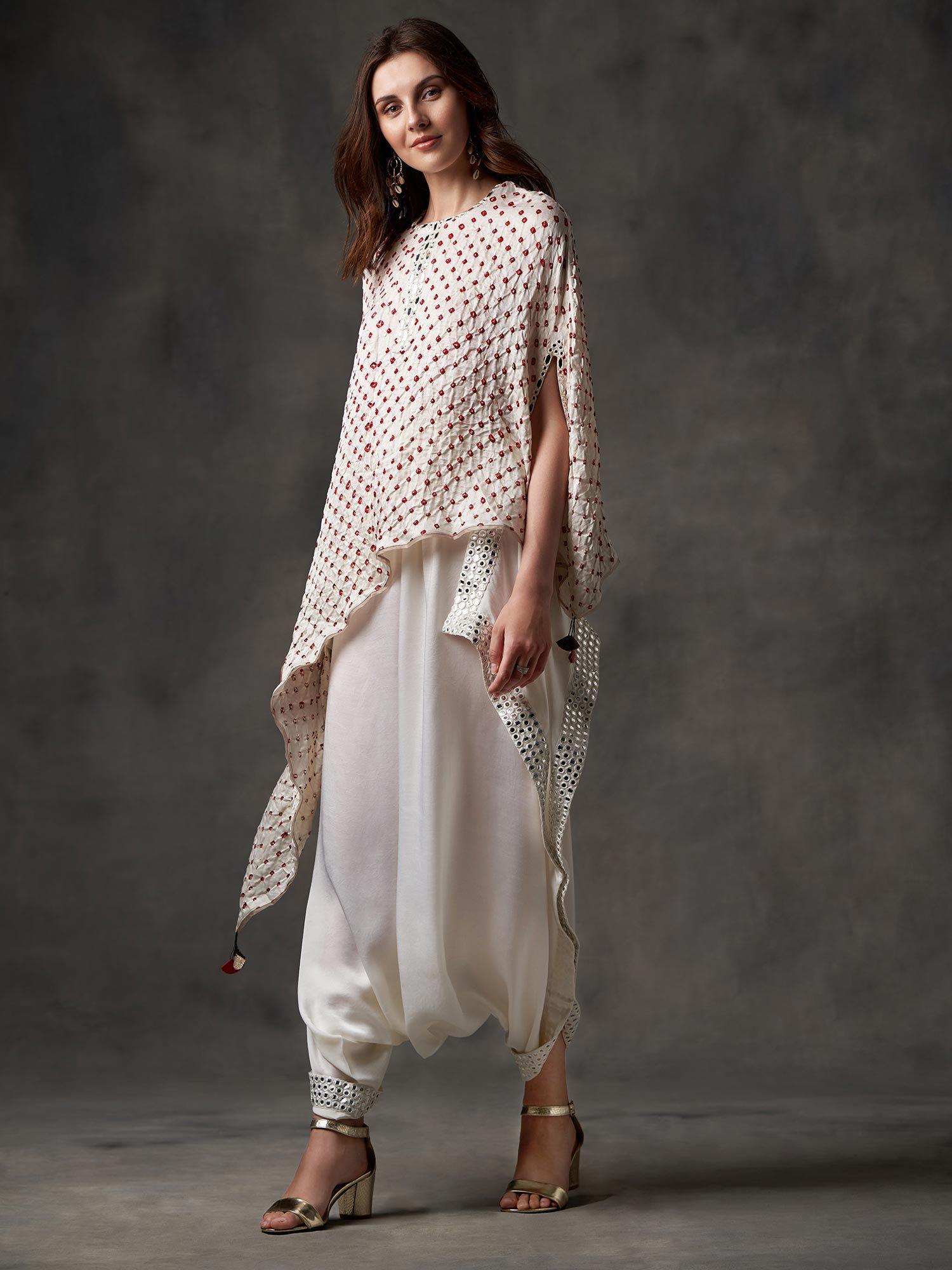 white bandhani asymmetrical round cape