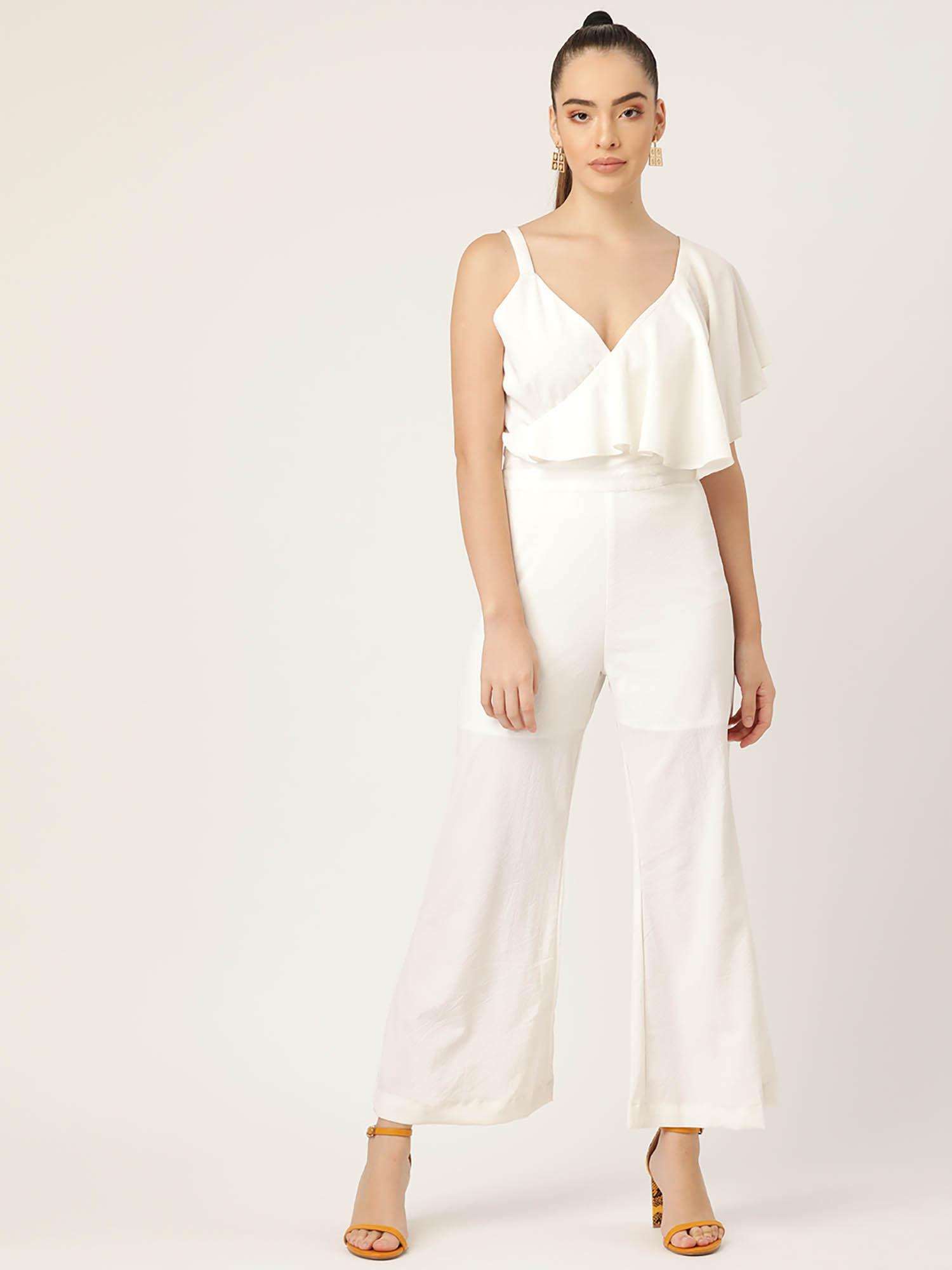 white basic jumpsuit with ruffles sleeve