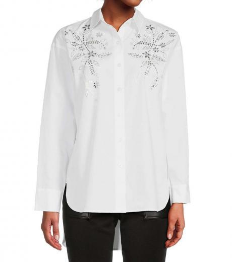 white beaded floral button down shirt