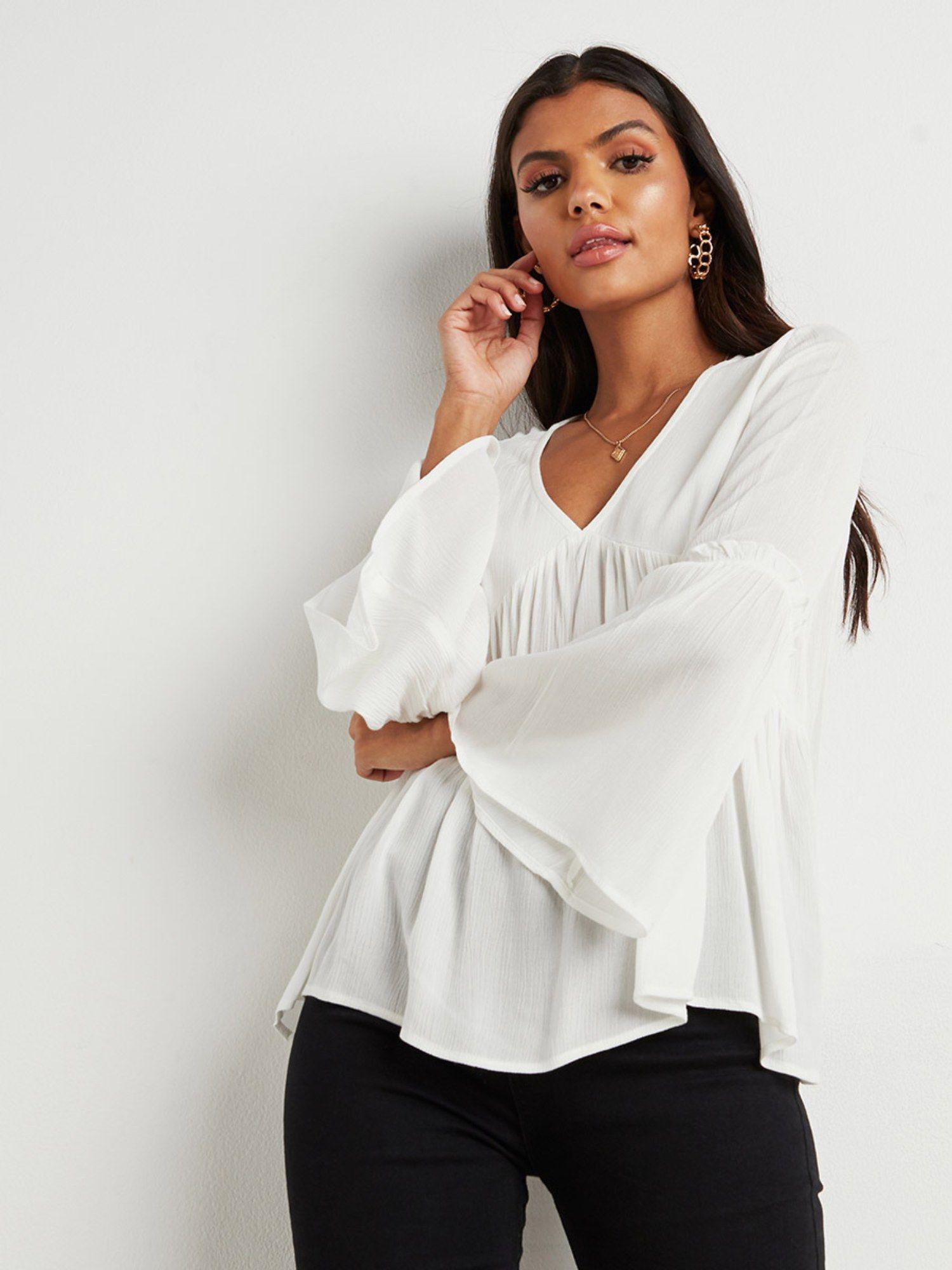 white bell sleeve v neck gathered blouse