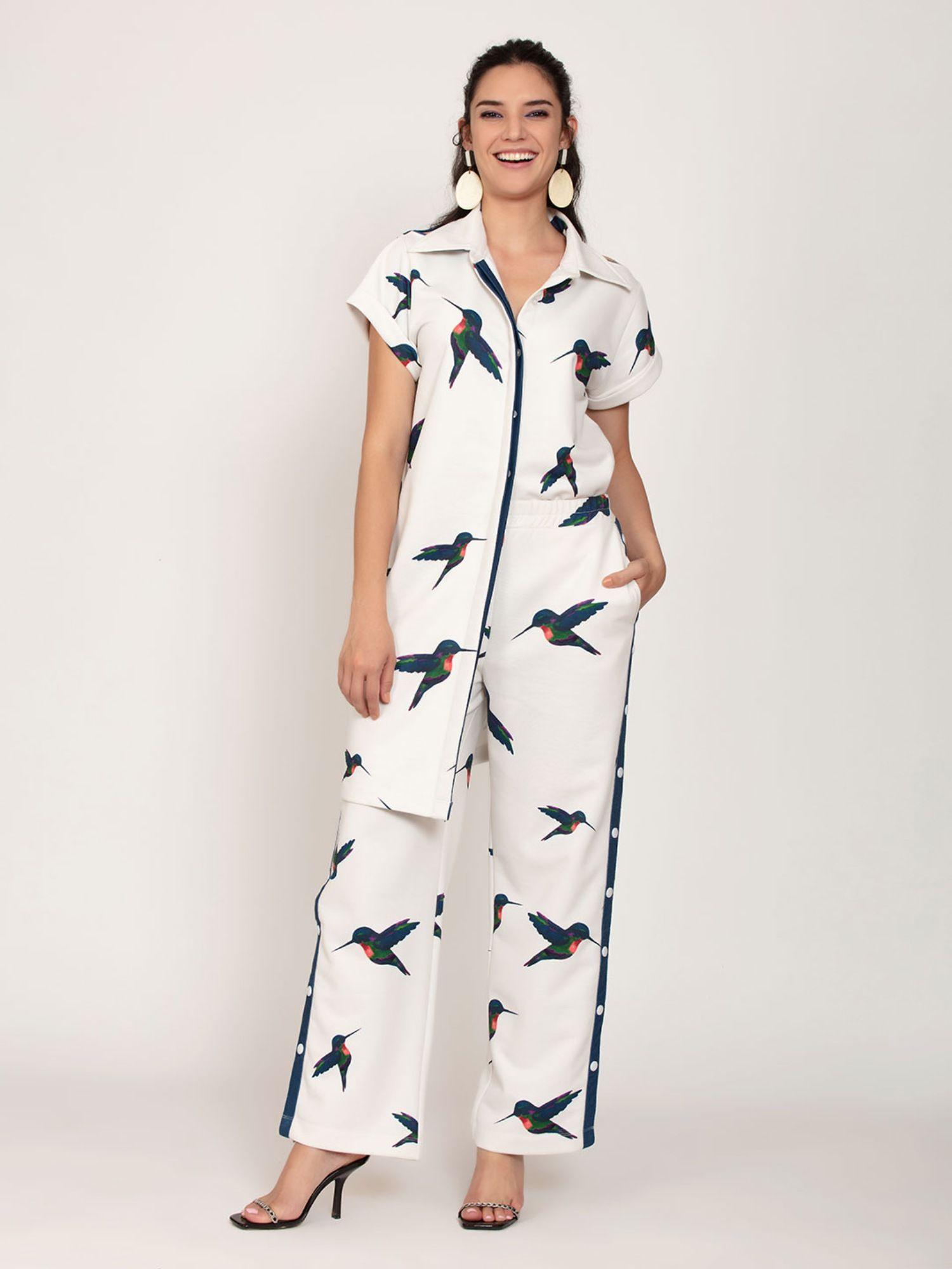 white bird print oversize asymmetric shirt and wide leg pants set (set of 2)