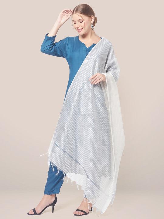 white blended silk dupatta with silver stripes