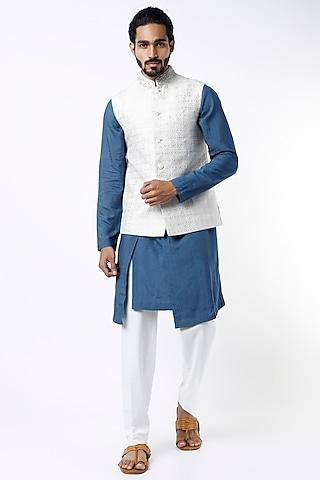 white blended silk nehru jacket