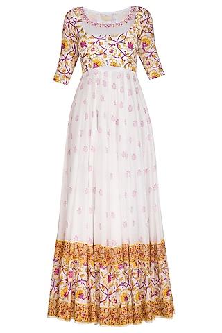 white block printed & embroidered anarkali jacket with dupatta